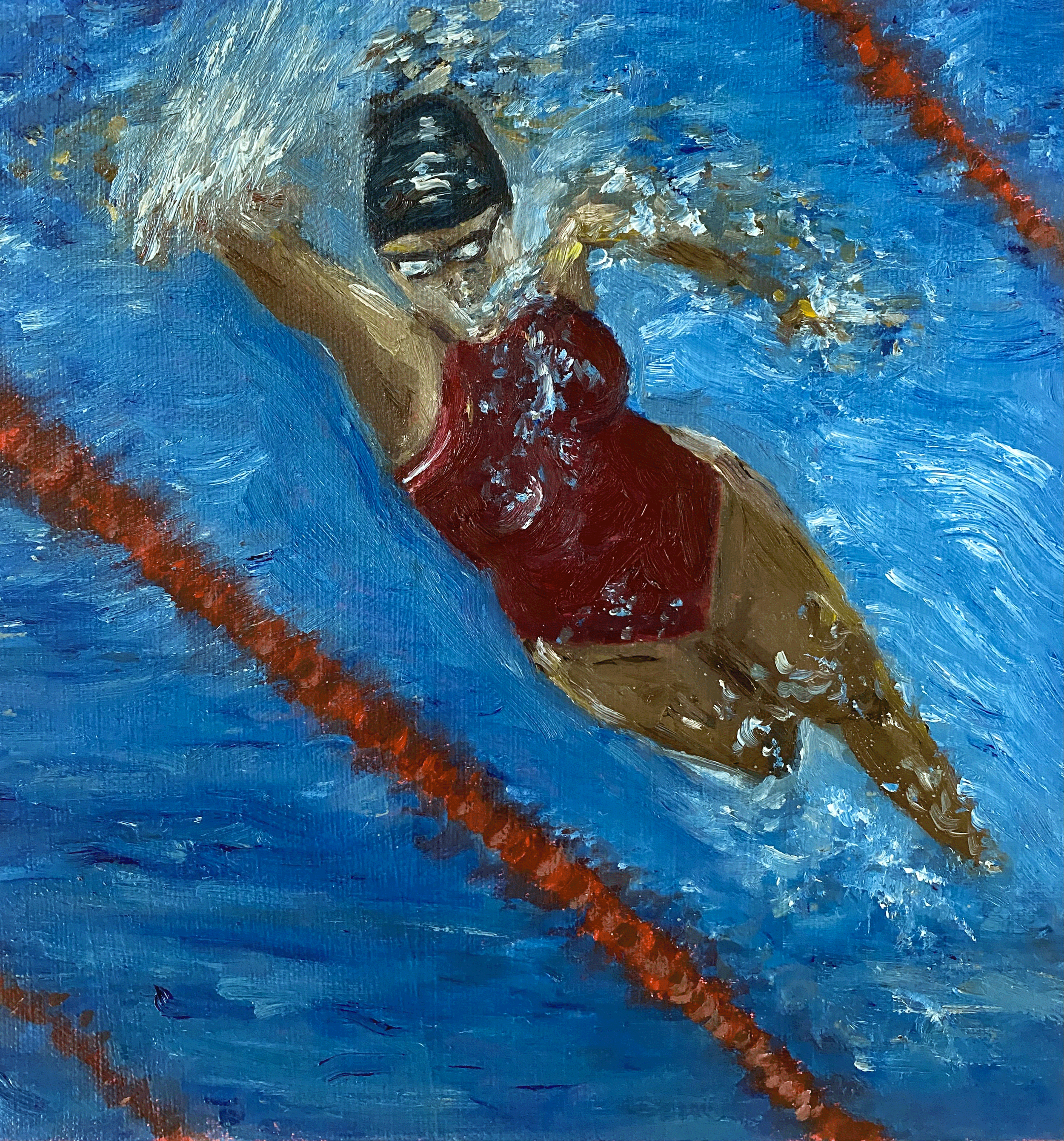 women in red swimsuit swimming in pool.png