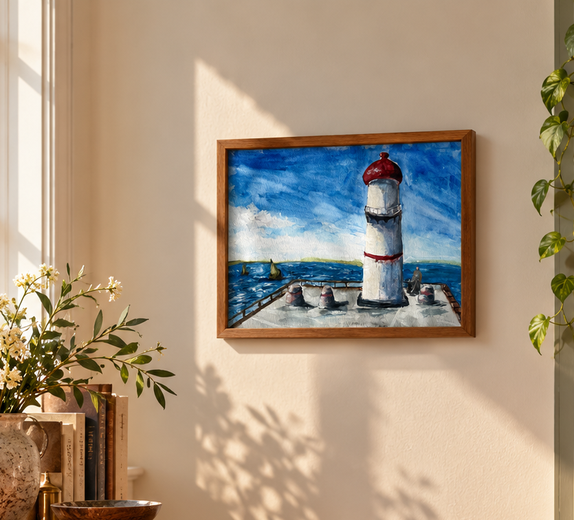 Sunlit Coastal Reading Nook with Lighthouse Art.png