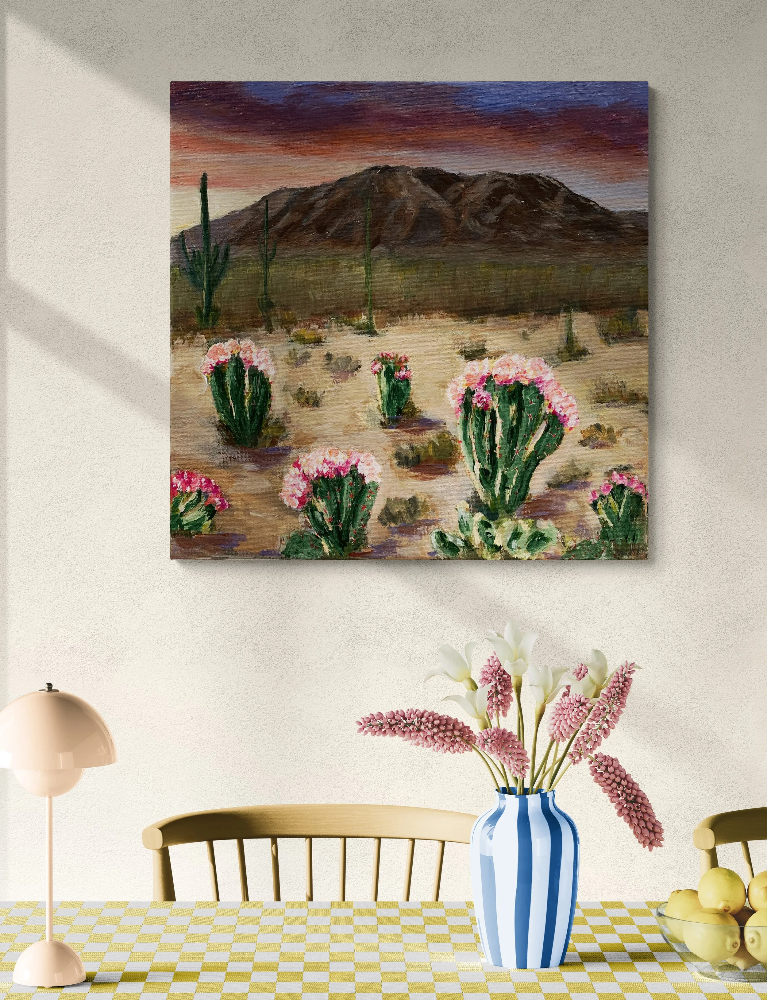 acrylic painting original western desert mountain landscape flowering cactus desert garden