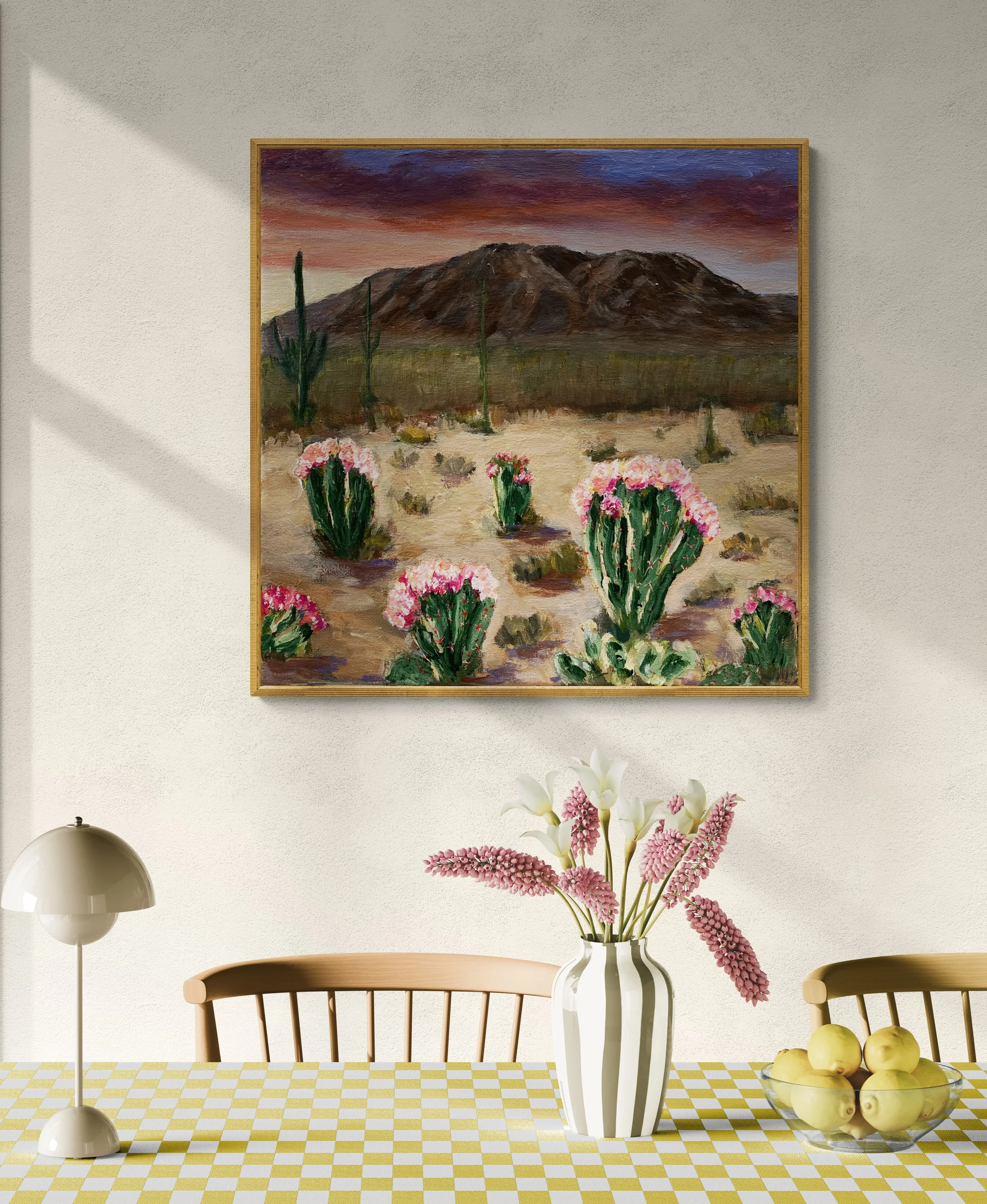 acrylic painting original western desert mountain landscape flowering cactus desert garden