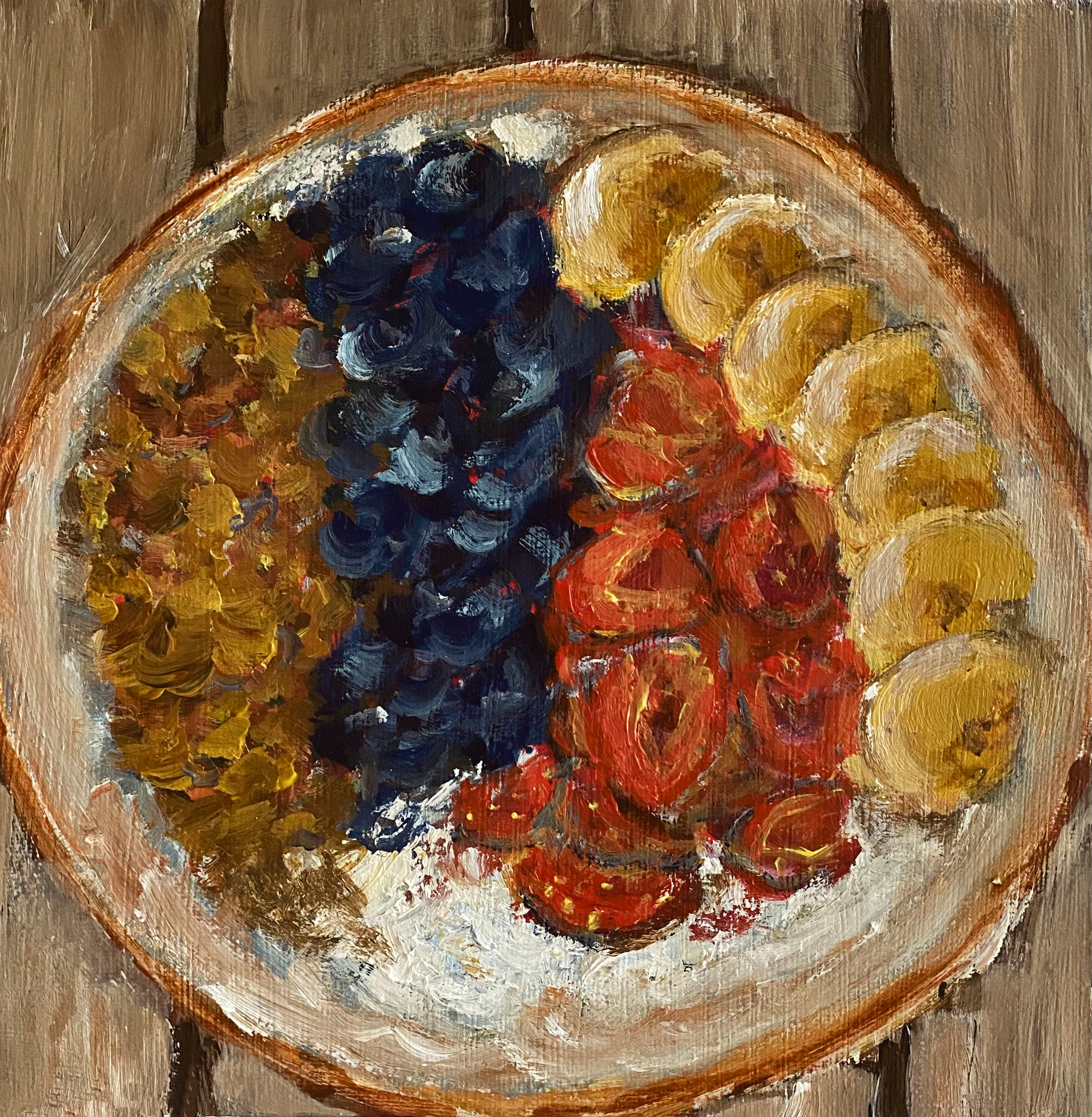 bowl of granola with yogurt, blueberries, strawberries, bananas painting on wooden background.png