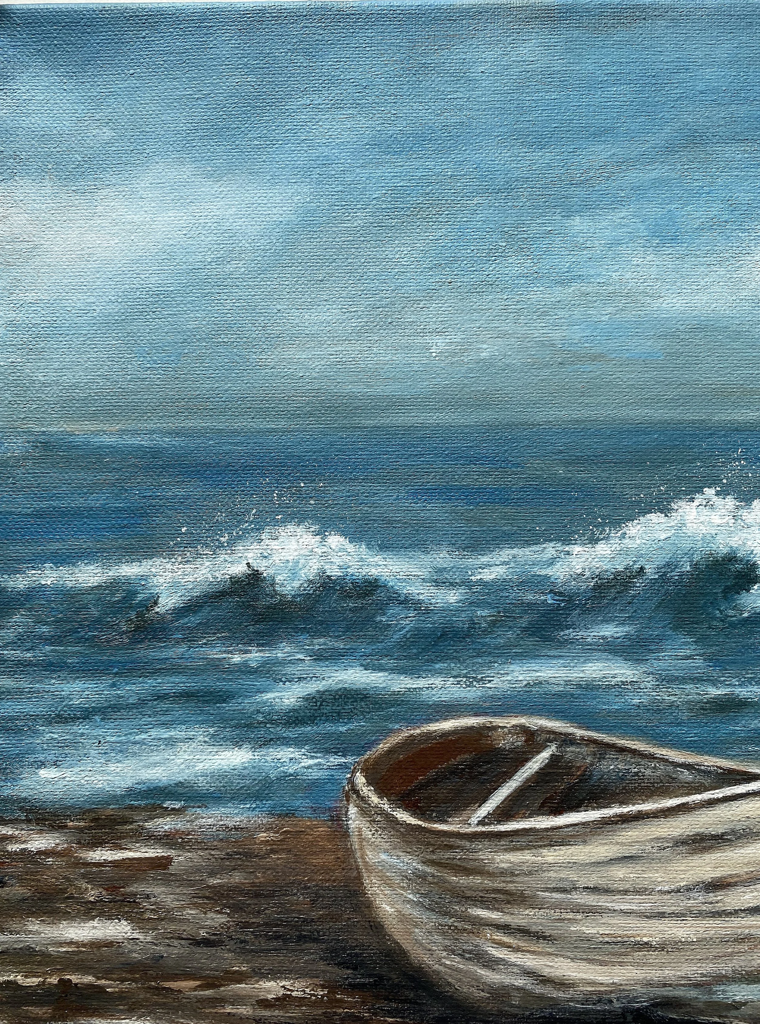 painting acrylic seascape original muted sky wooden boat sable island
