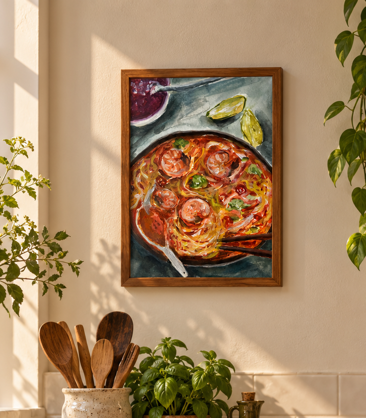 Sunlit Rustic Kitchen with Culinary Painting.png