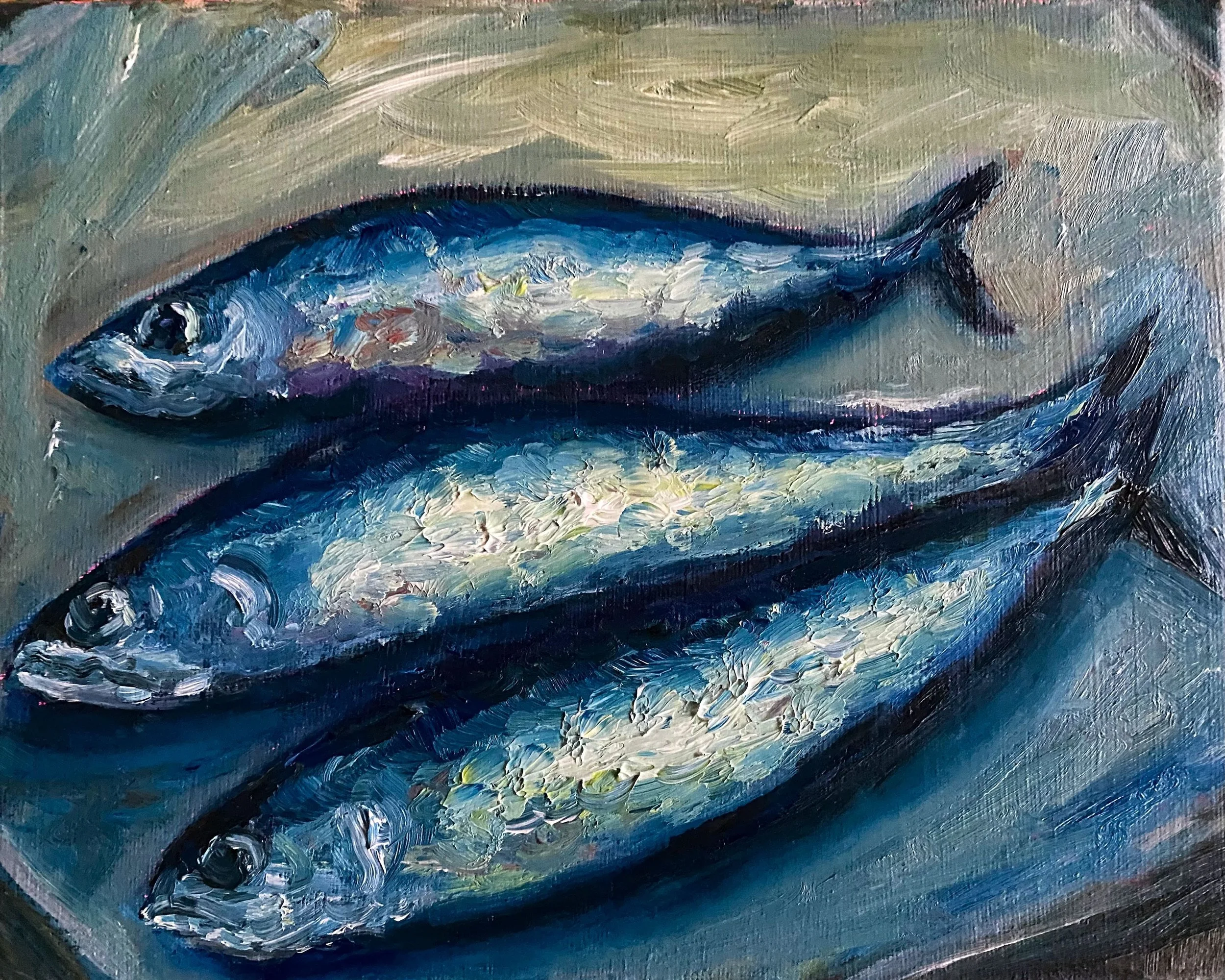 Day 13/365: "Sardines", oil on stretched canvas, 10x8".