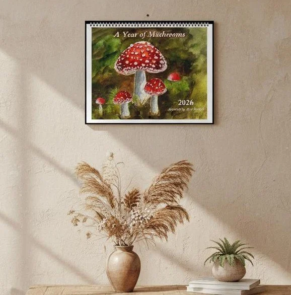 2026 wall calendar watercolor mushrooms hanging on beige walls