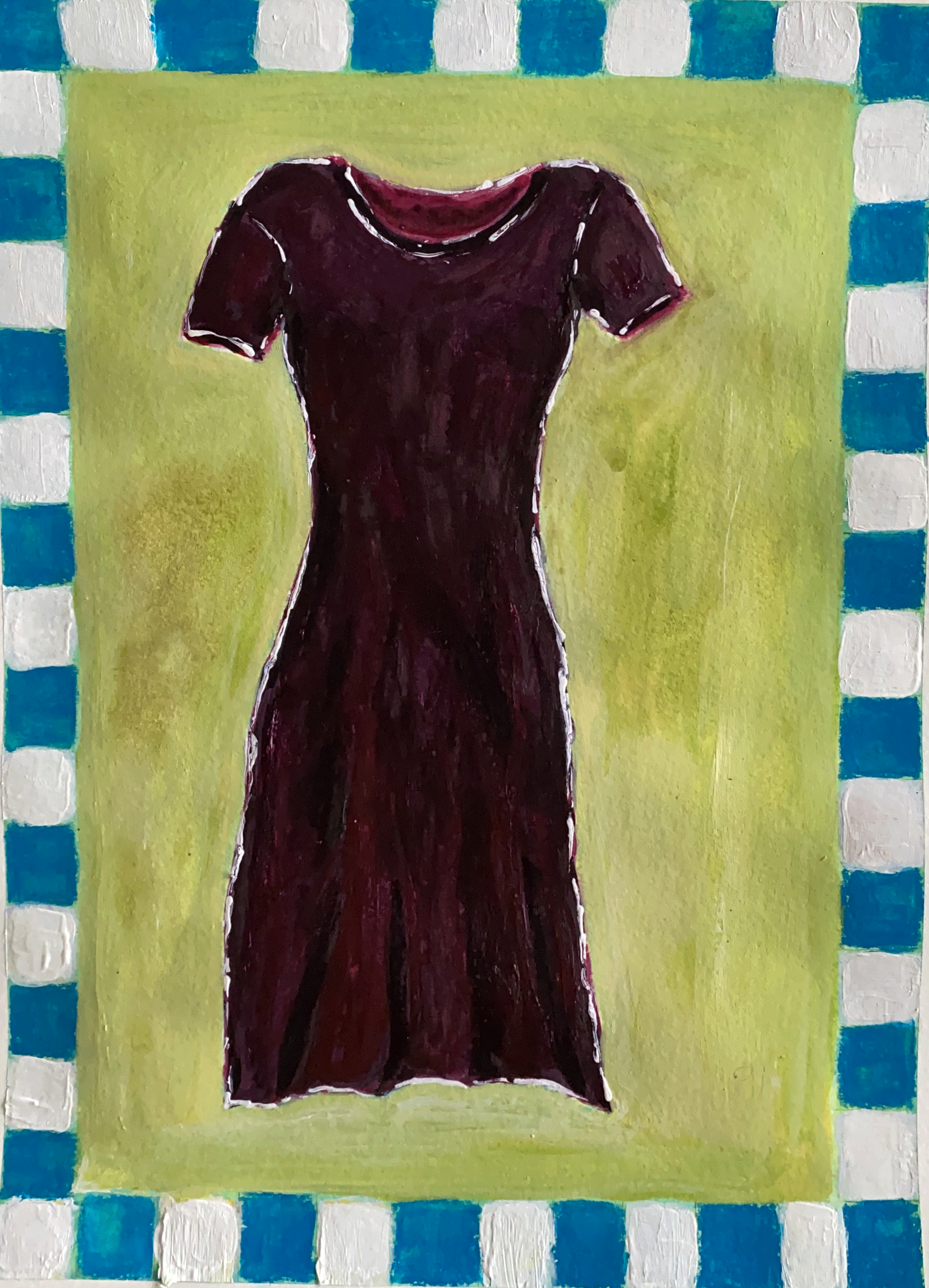 burgundy jersey dress on lime green background with blue and white checker border framed hung on wall close up.png