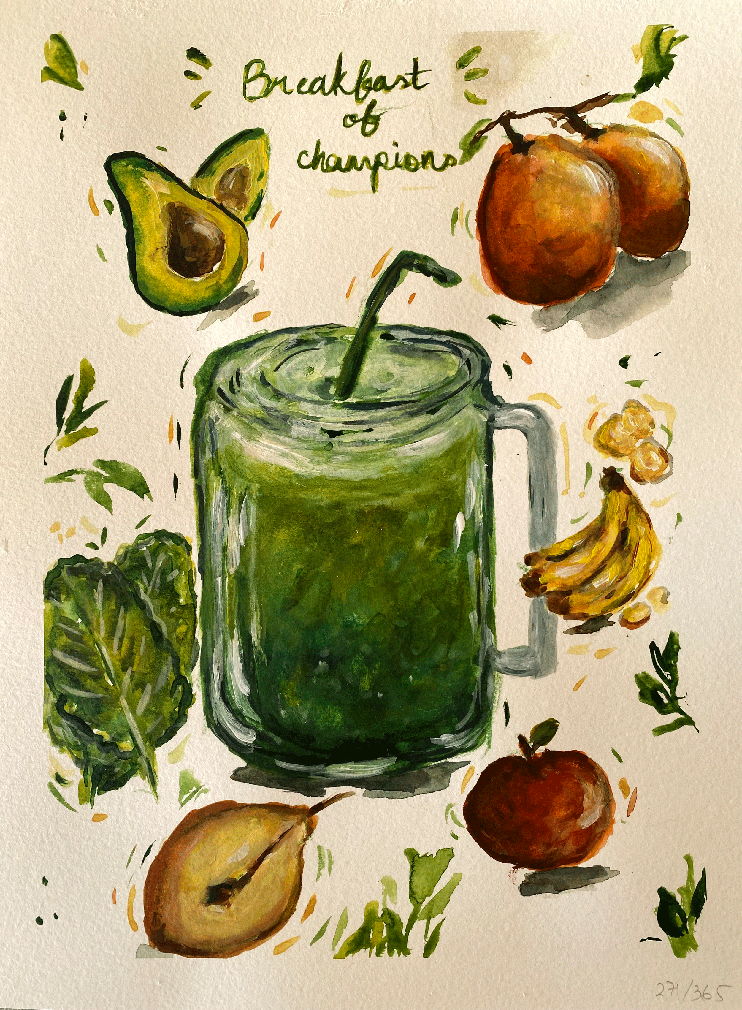 Day 271" :Breakfast of Champions", Original Watercolor on Paper, 9x12"