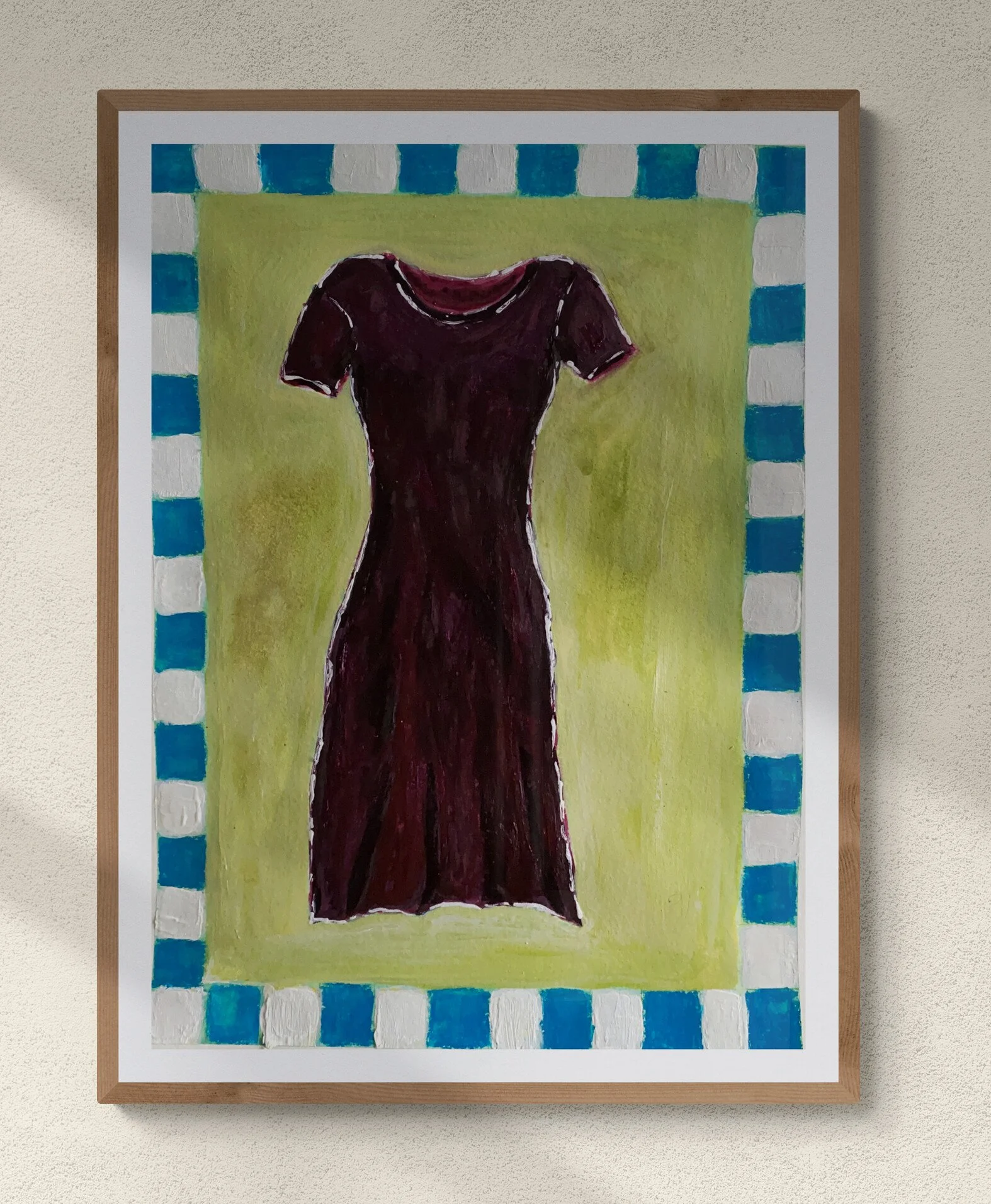 burgundy jersey dress on lime green background with blue and white checker border framed hung on wall.jpg
