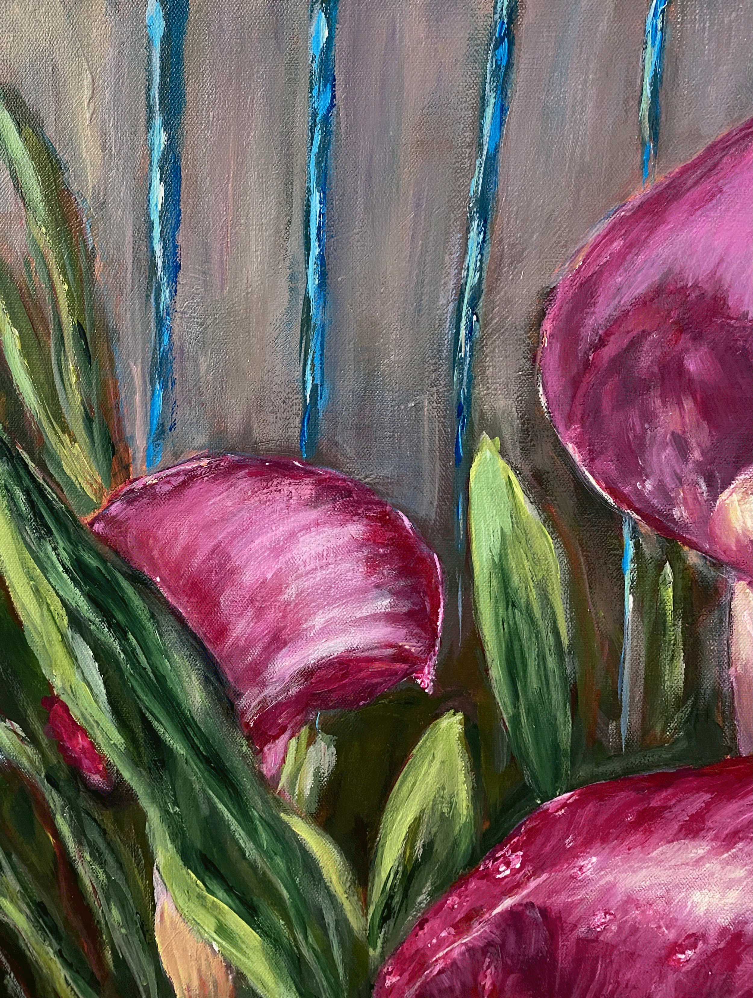 pink lilies with green leaves large painting