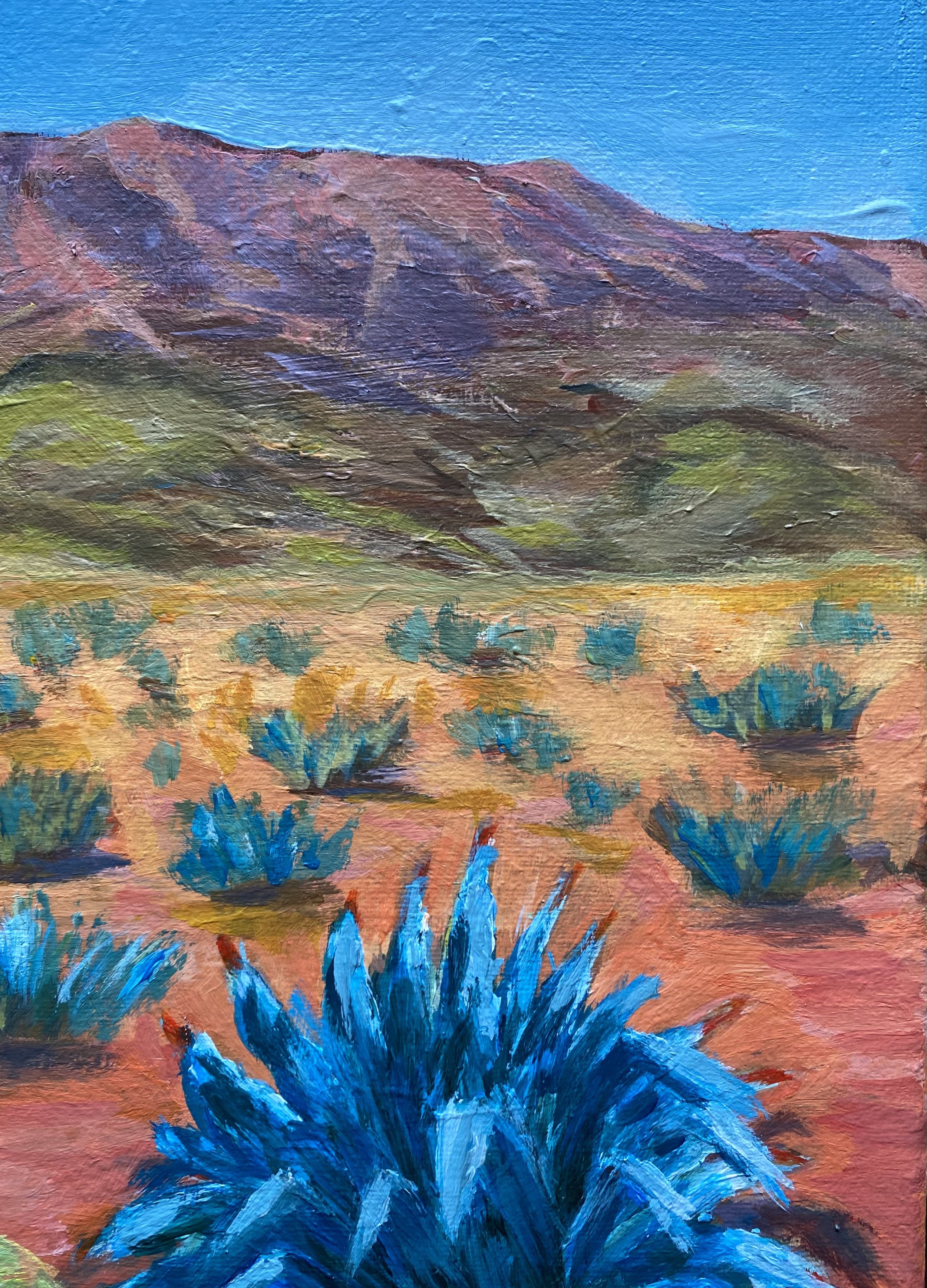 acrylic painting original western desert mountain landscape blue agave with mountains