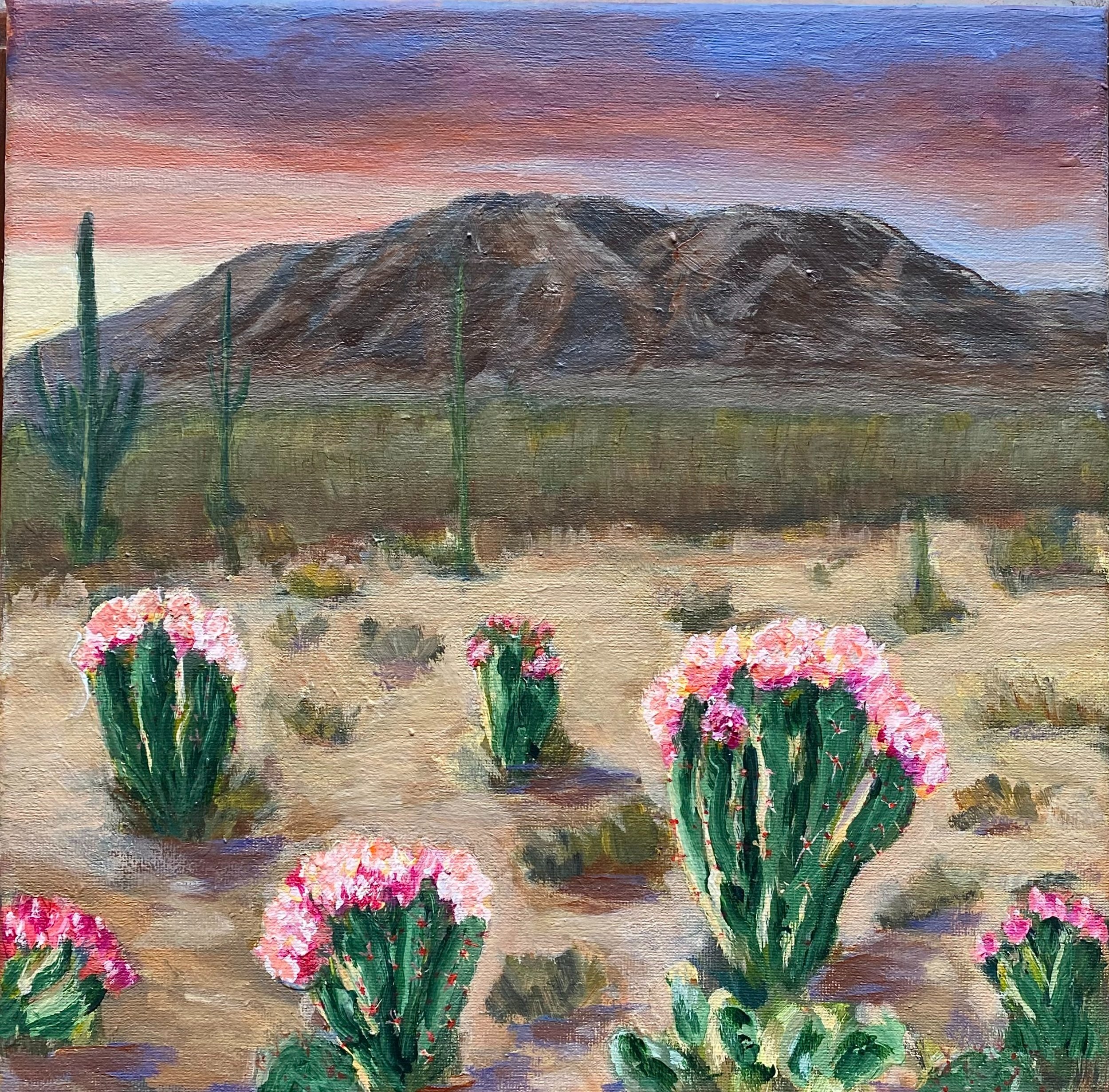 acrylic painting original western desert mountain landscape flowering cactus desert garden