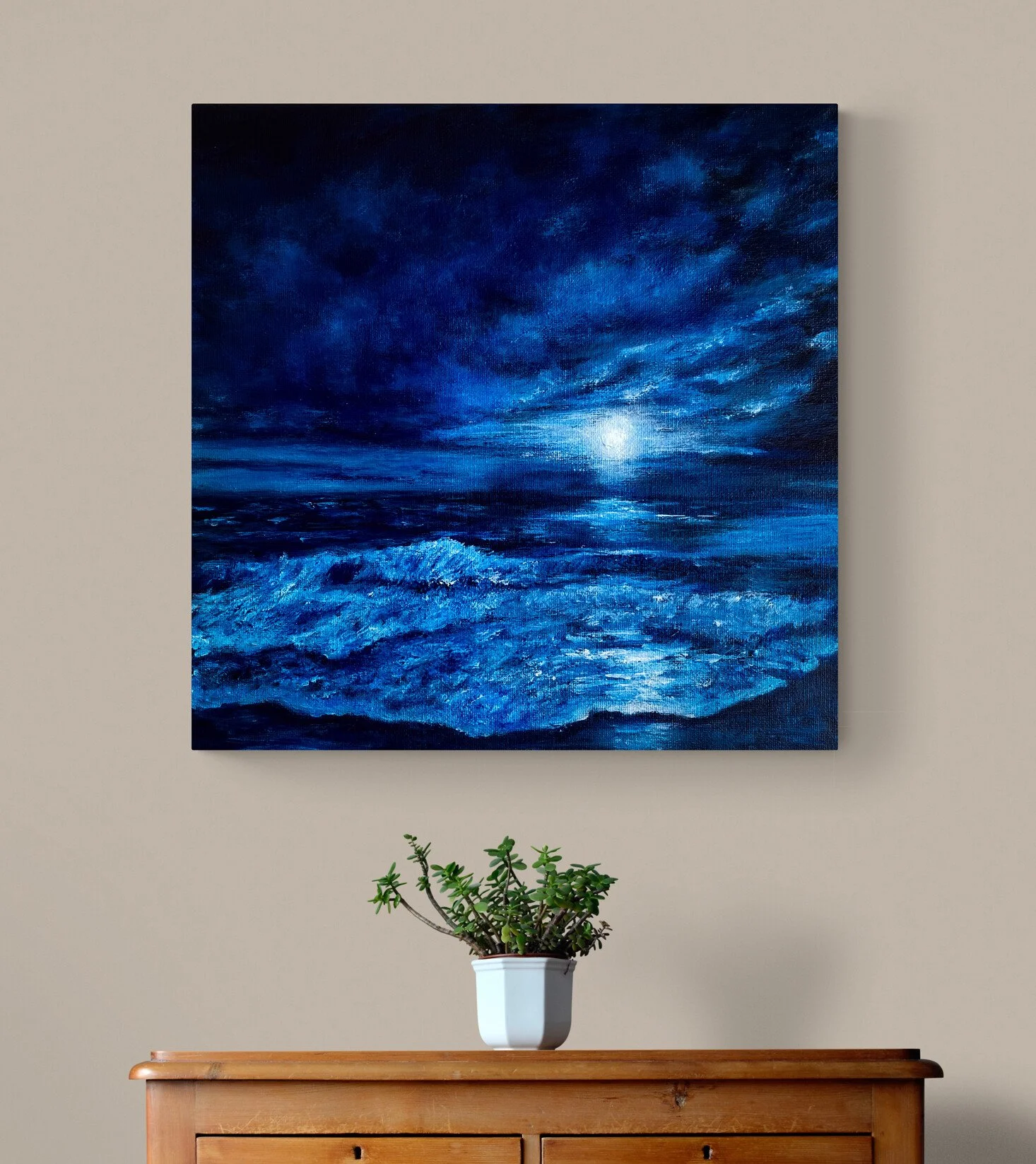 acrylic painting original seascape moonlight on ocean night scene