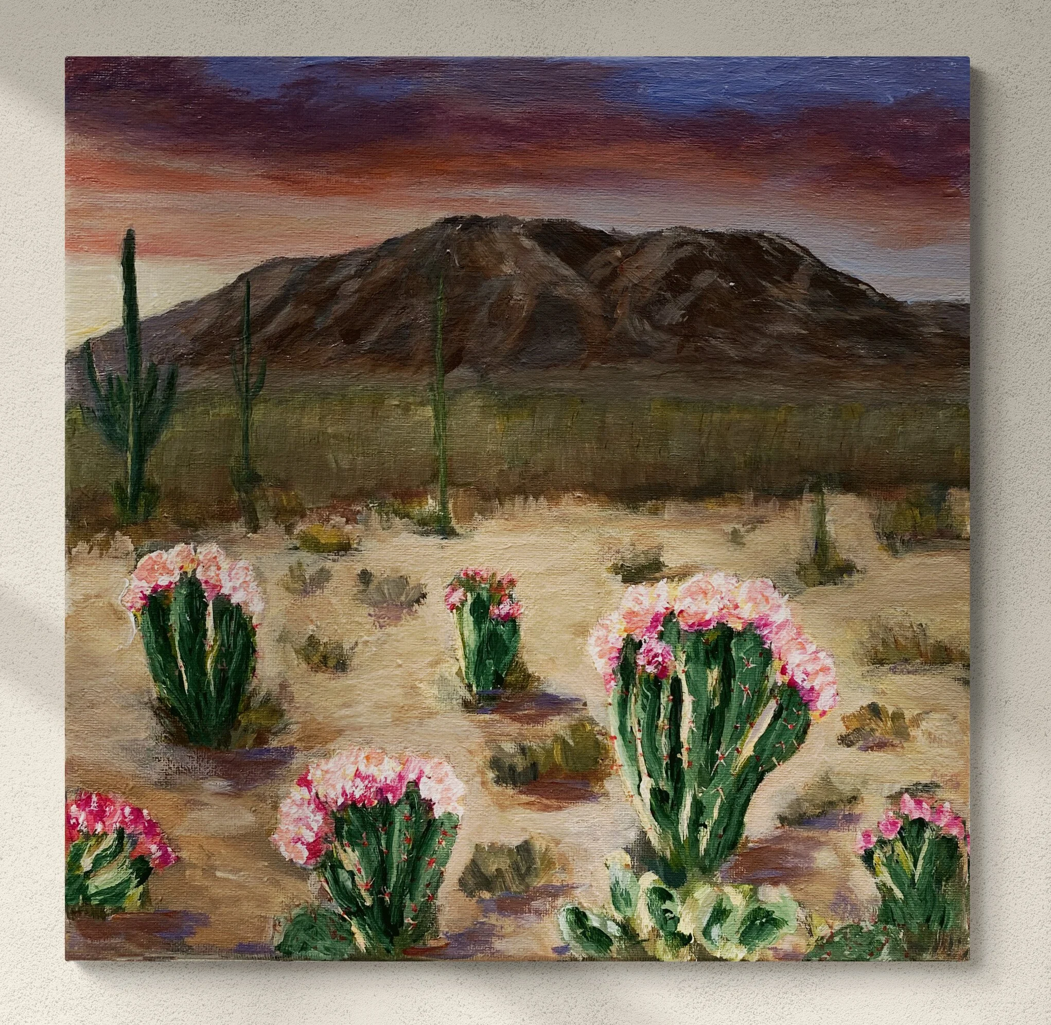 Original Painting Acrylic on Canvas Western Landscape Southwest USA Cactus Flowers Wall Art "Desert Gardens" 12" x 12"