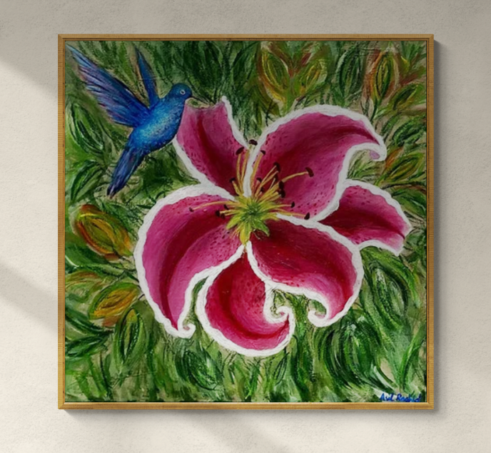 Original Acrylic Floral Painting Tiger Lily with hummingbird