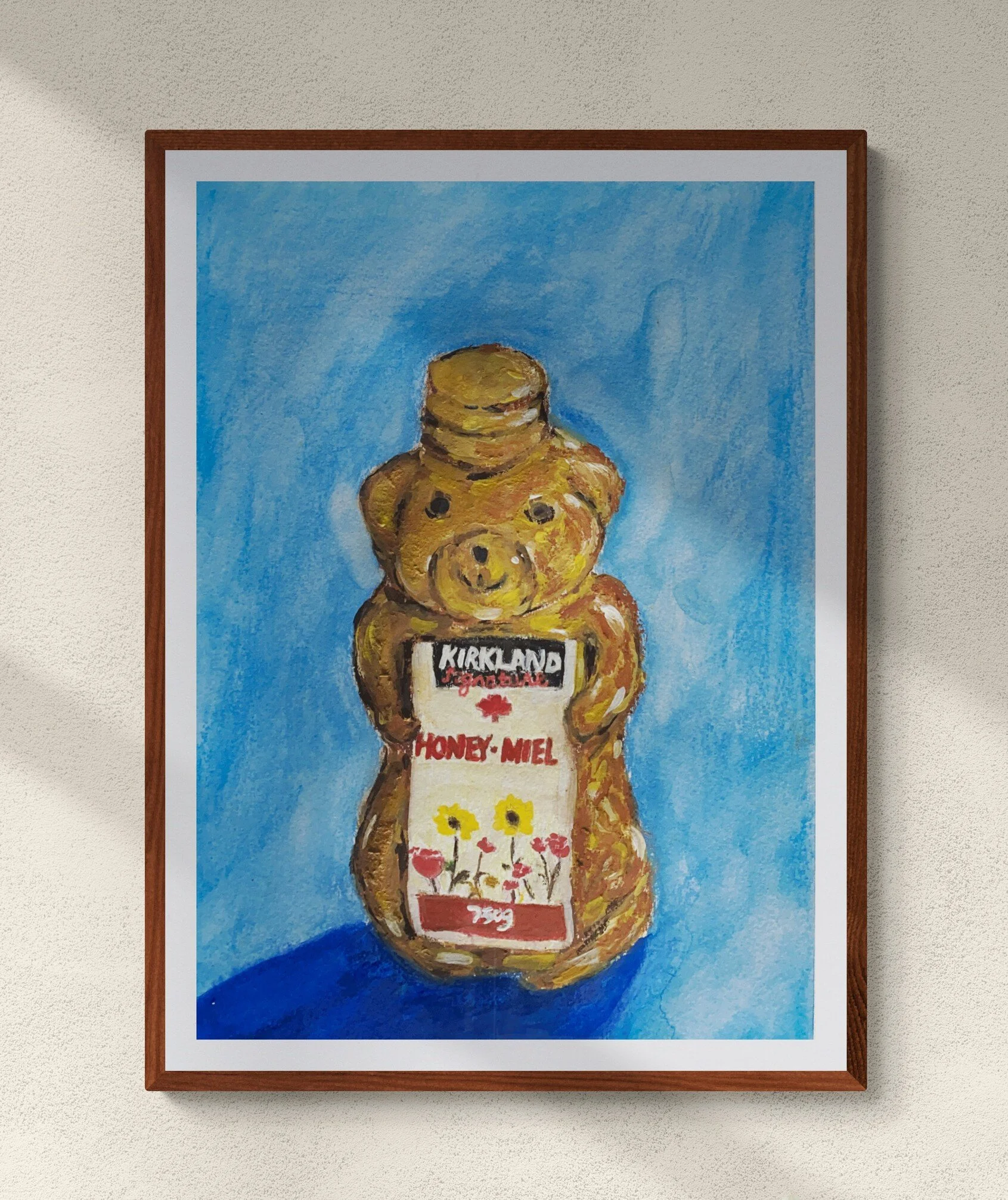 honey bear on blue background painting framed hung on wall.jpg