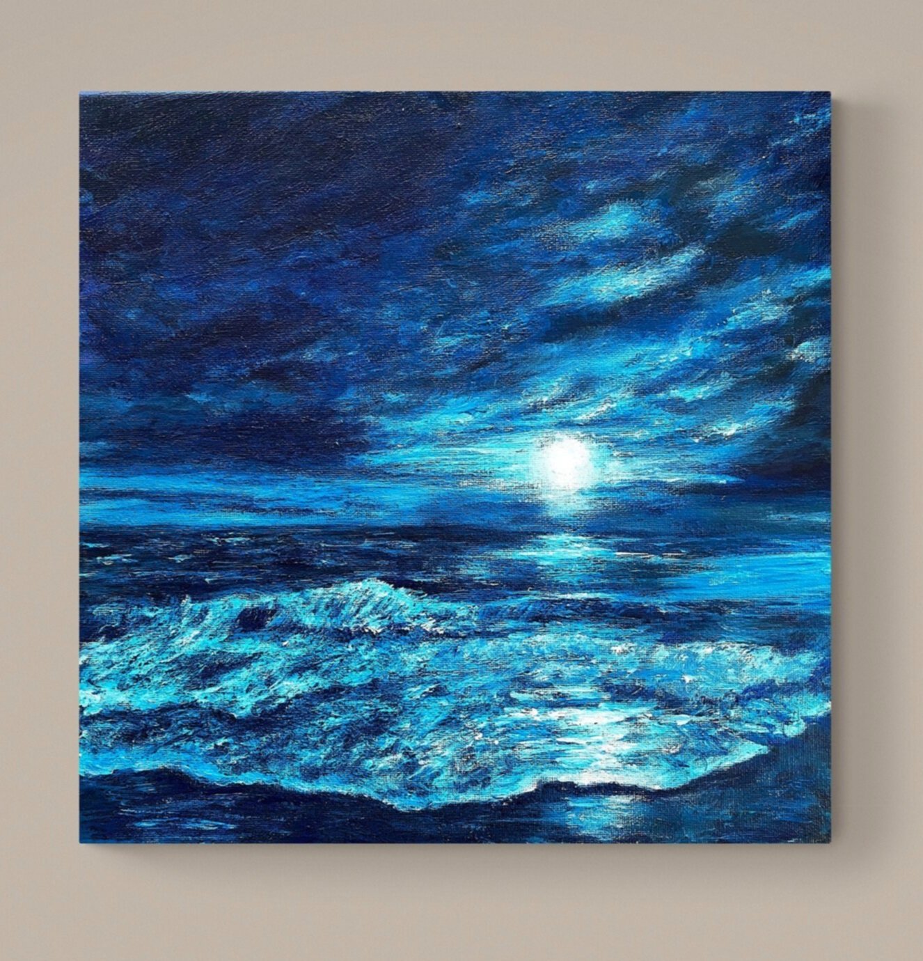 acrylic painting original seascape moonlight on ocean night scene