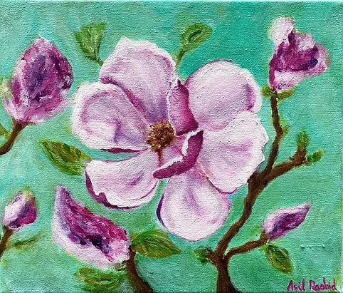 Magnolia pink on green background with buds and leaves