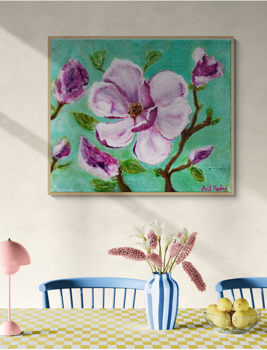 Magnolia pink on green background with buds and leaves