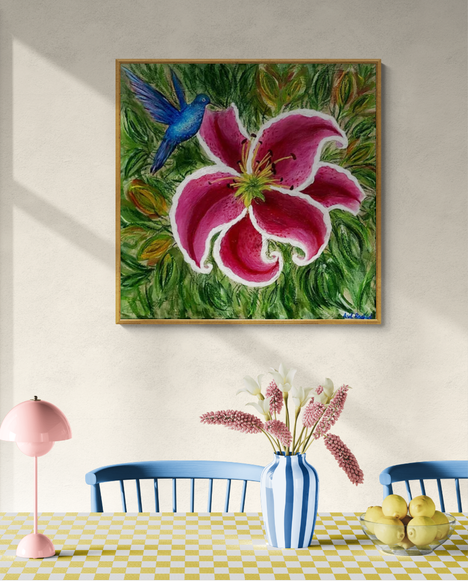 Original Acrylic Floral Painting Tiger Lily with hummingbird