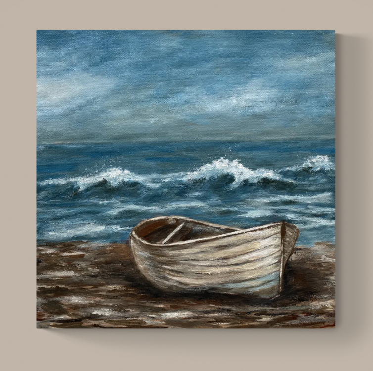 Original Painting Acrylic on Canvas Seascape Coastal "Old Boat on Sable Island", 12" x 12"