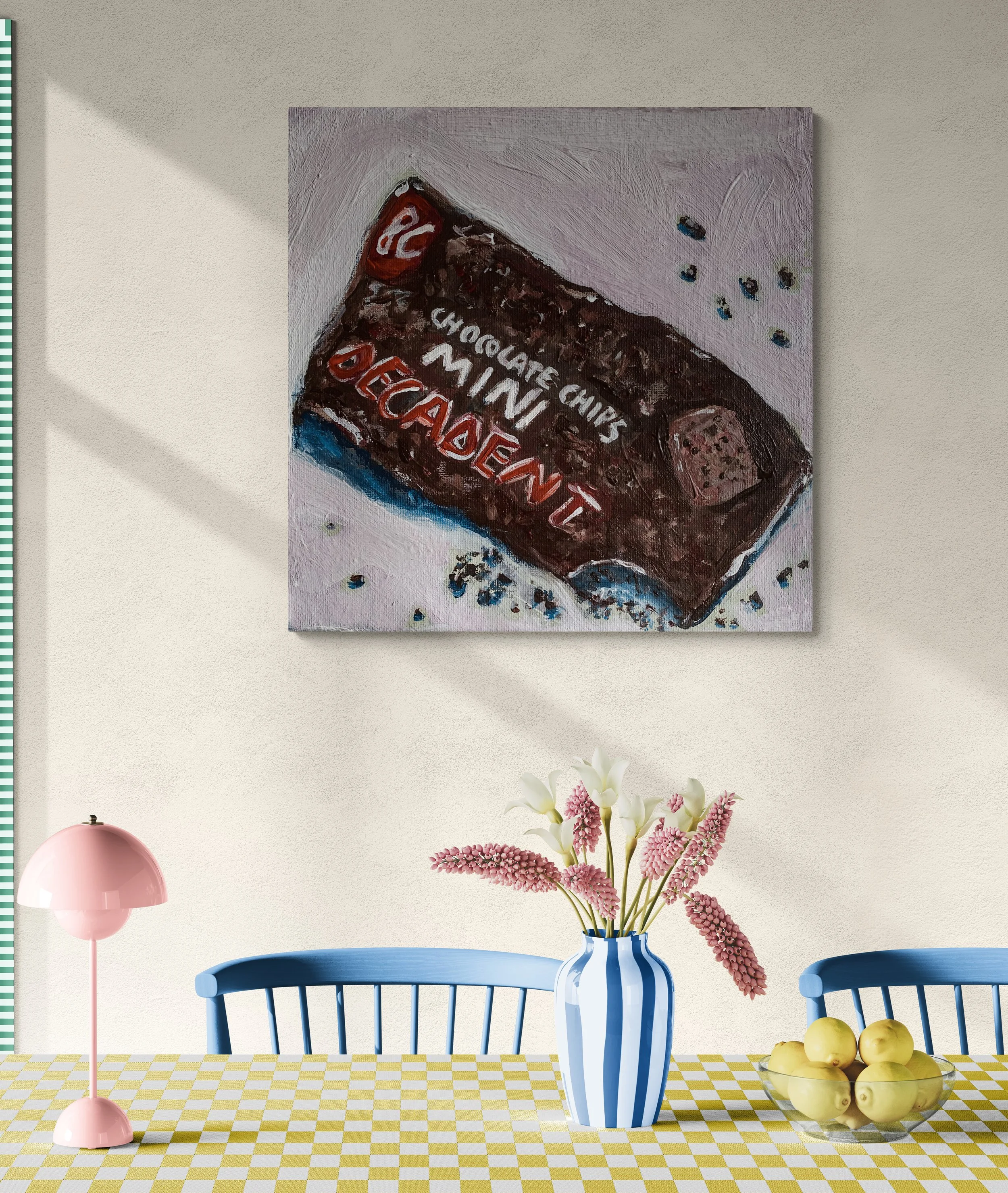 brown bag of semi sweet chocolate chips with red and white lettering on white background hung on dining room