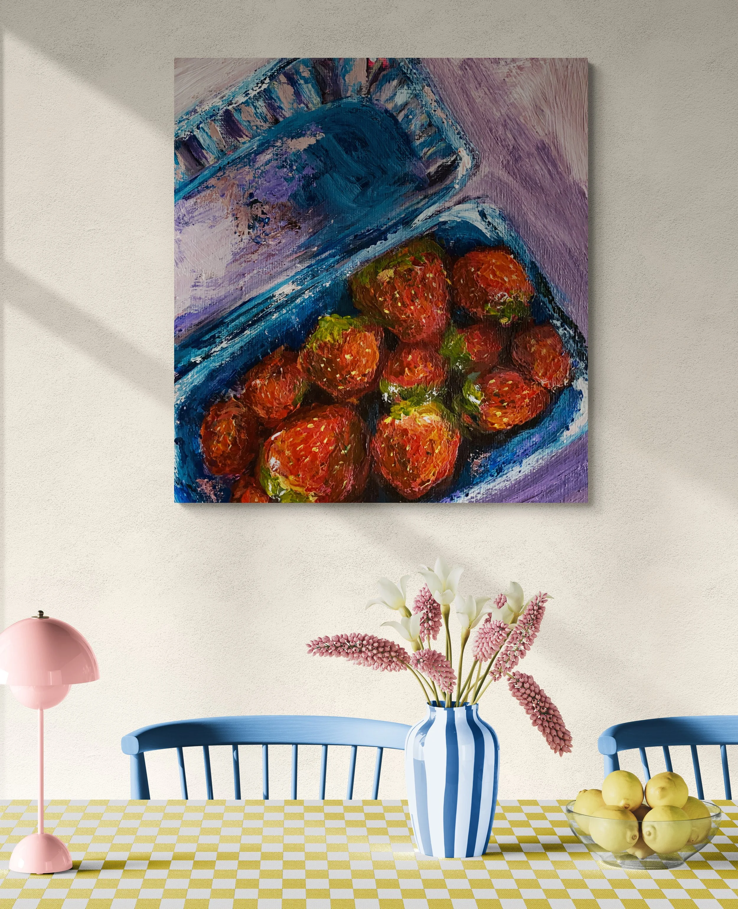 box of strawberries on lilac background hung in dining room