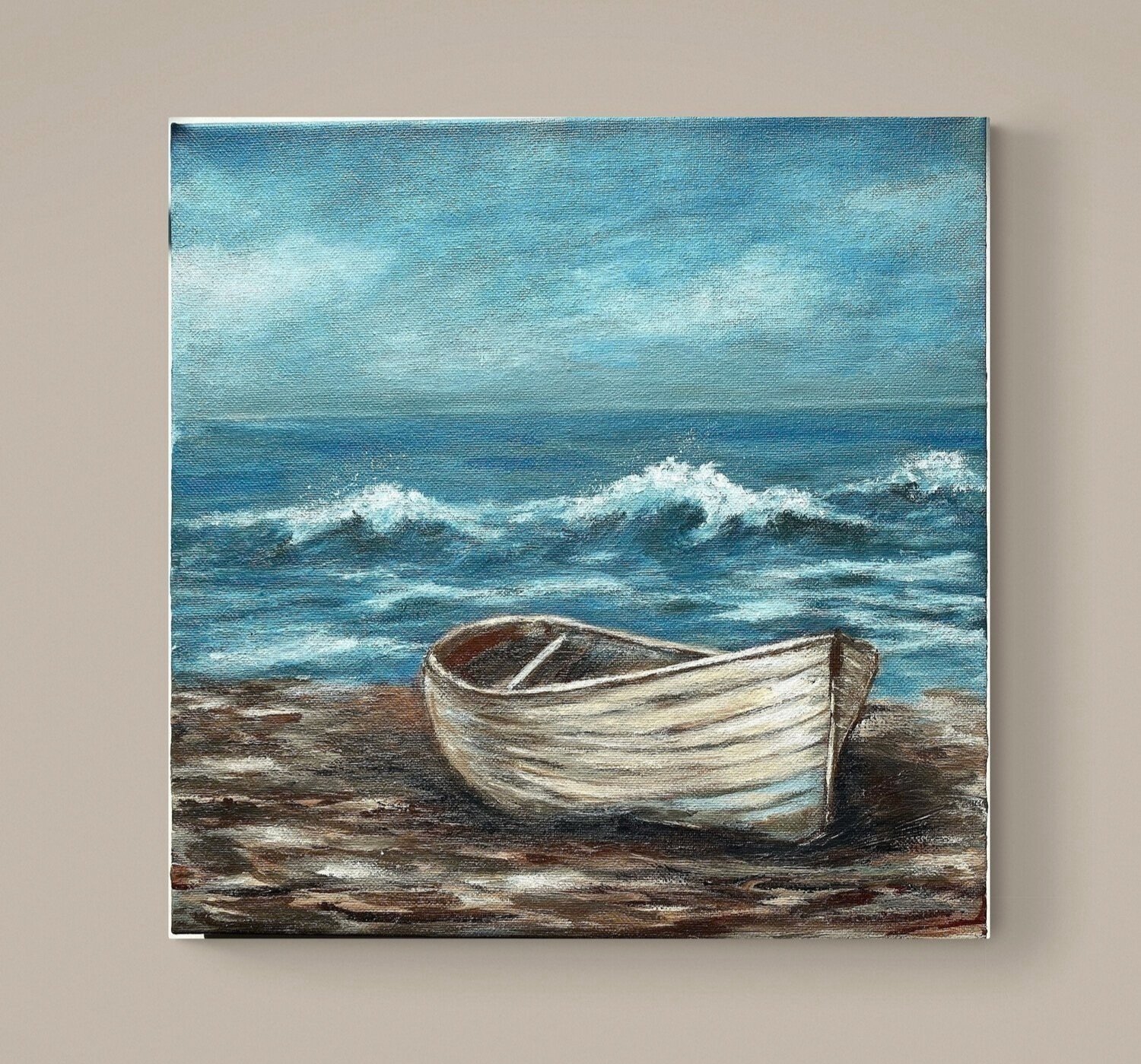 moody seascape wooden boat muted sky acrylic seascape wooden boat sable island Original acrylic painting of a rustic wooden boat on Sable Island seashore