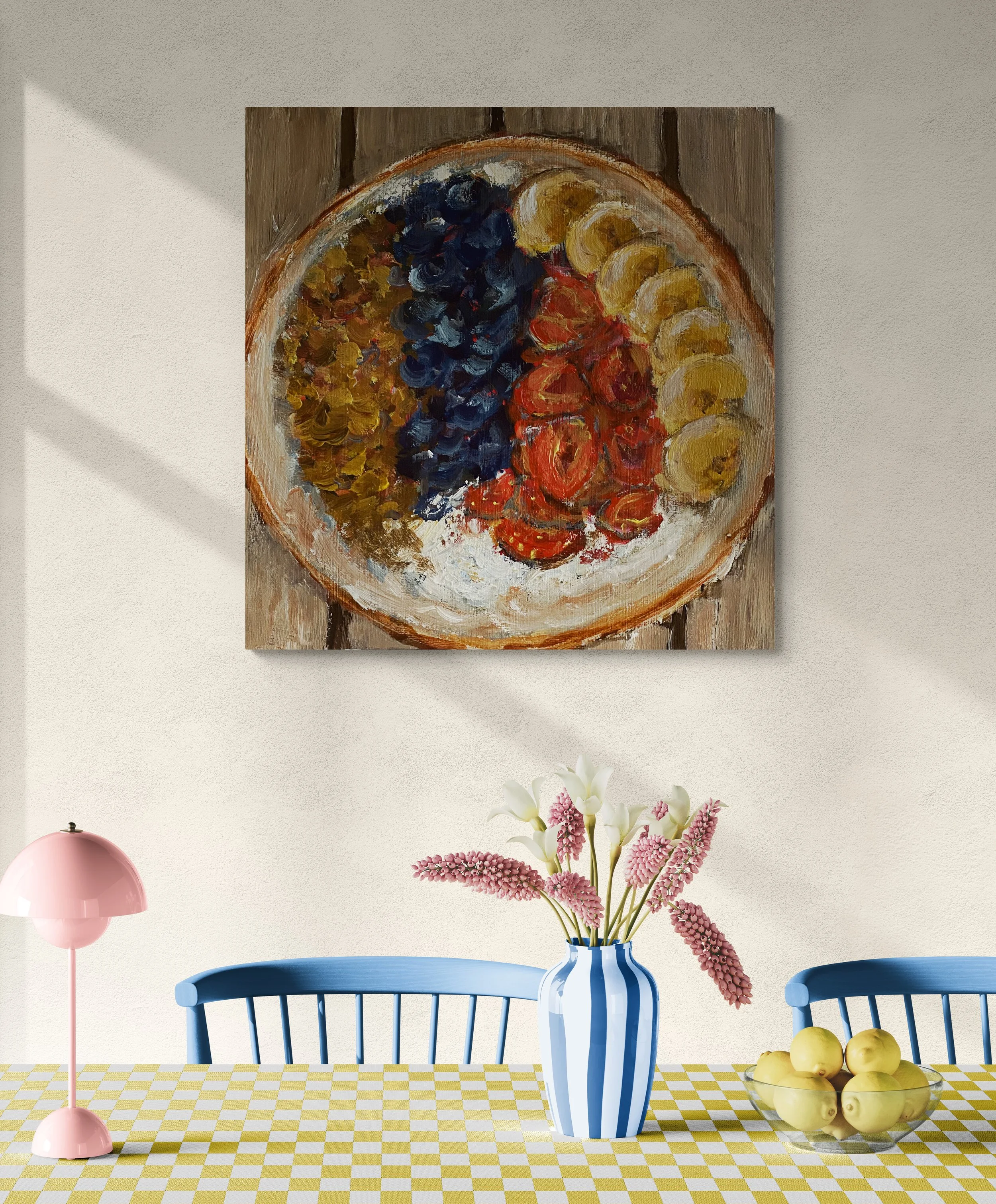 bowl of granola with yogurt, blueberries, strawberries, bananas painting on wooden background hung on wall in dining roomjpg