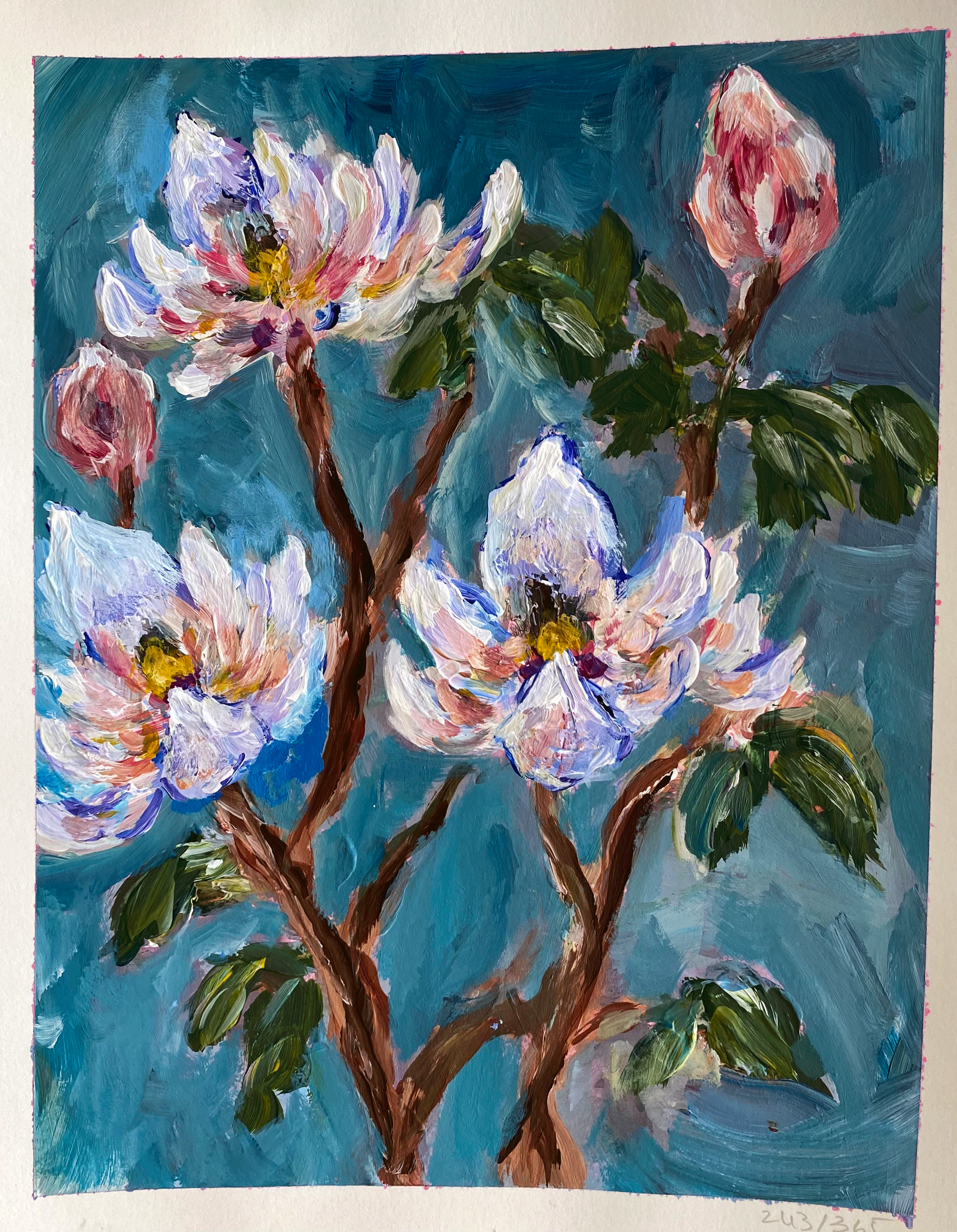 Day 243: "Magnolias", acrylic on paper, 8x10"
