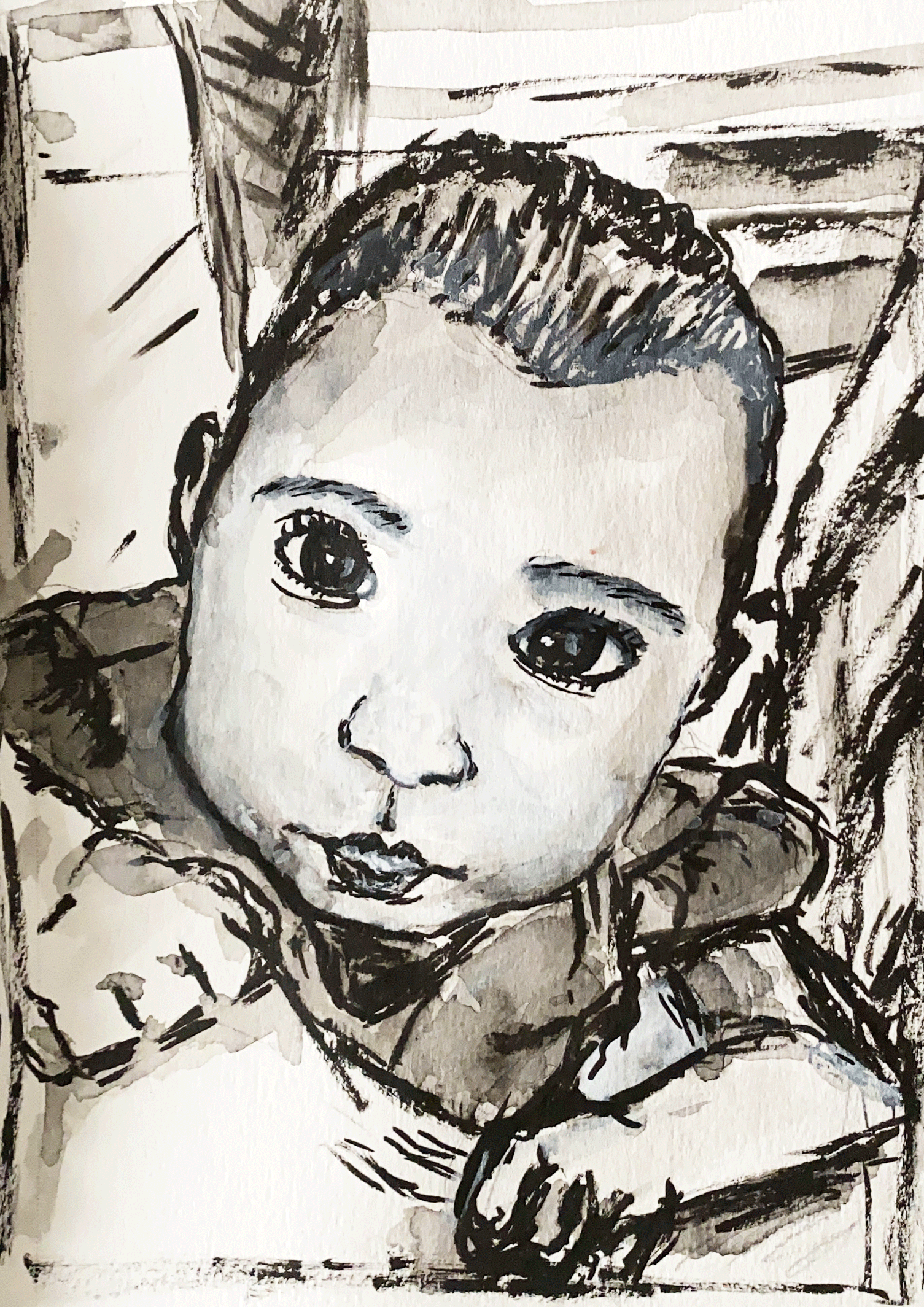 Day 55: "Noureen at 3 months old", ink on mixed media paper, 8.5x5.5". NOT FOR SALE