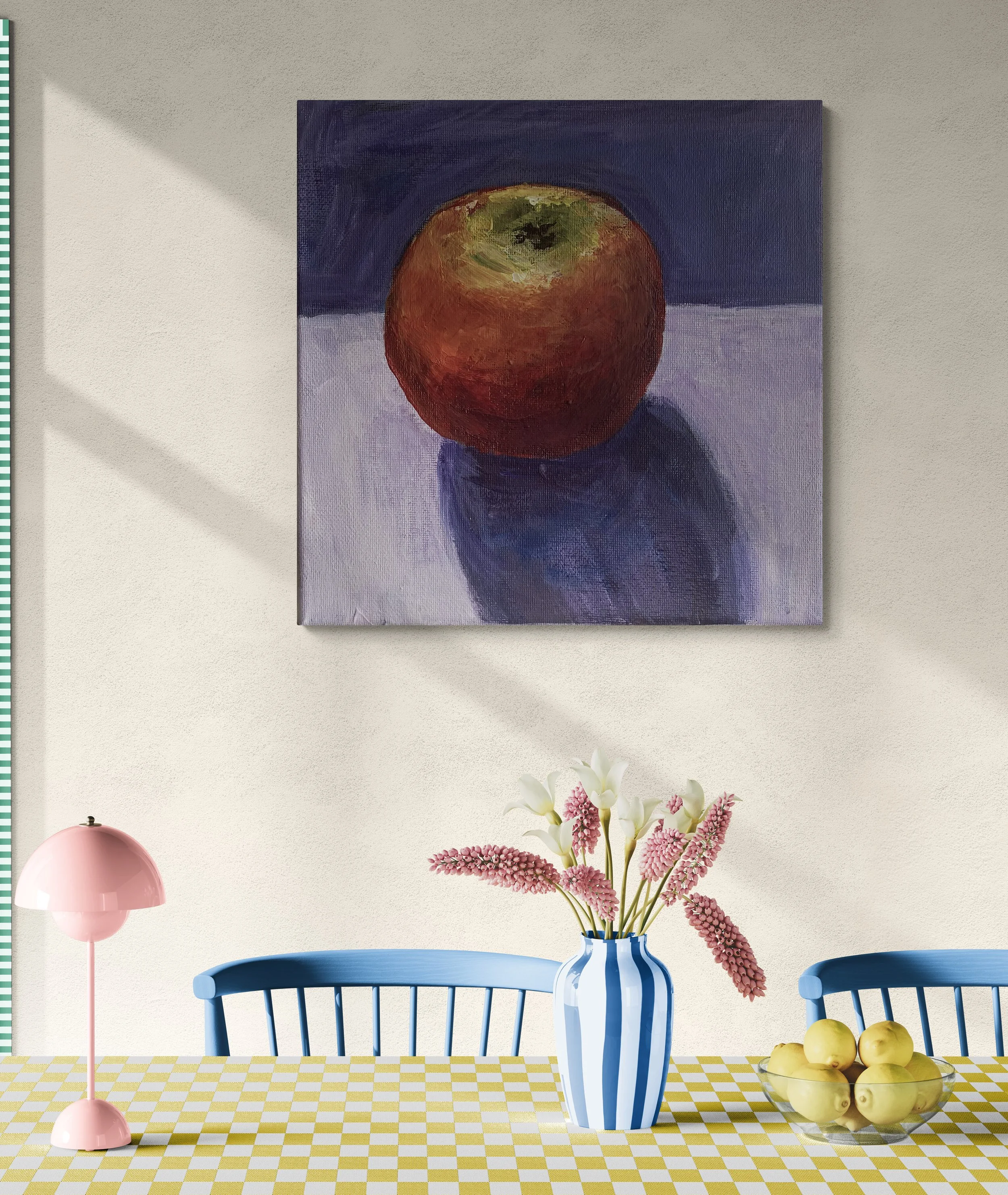 apple on purple background with shadow