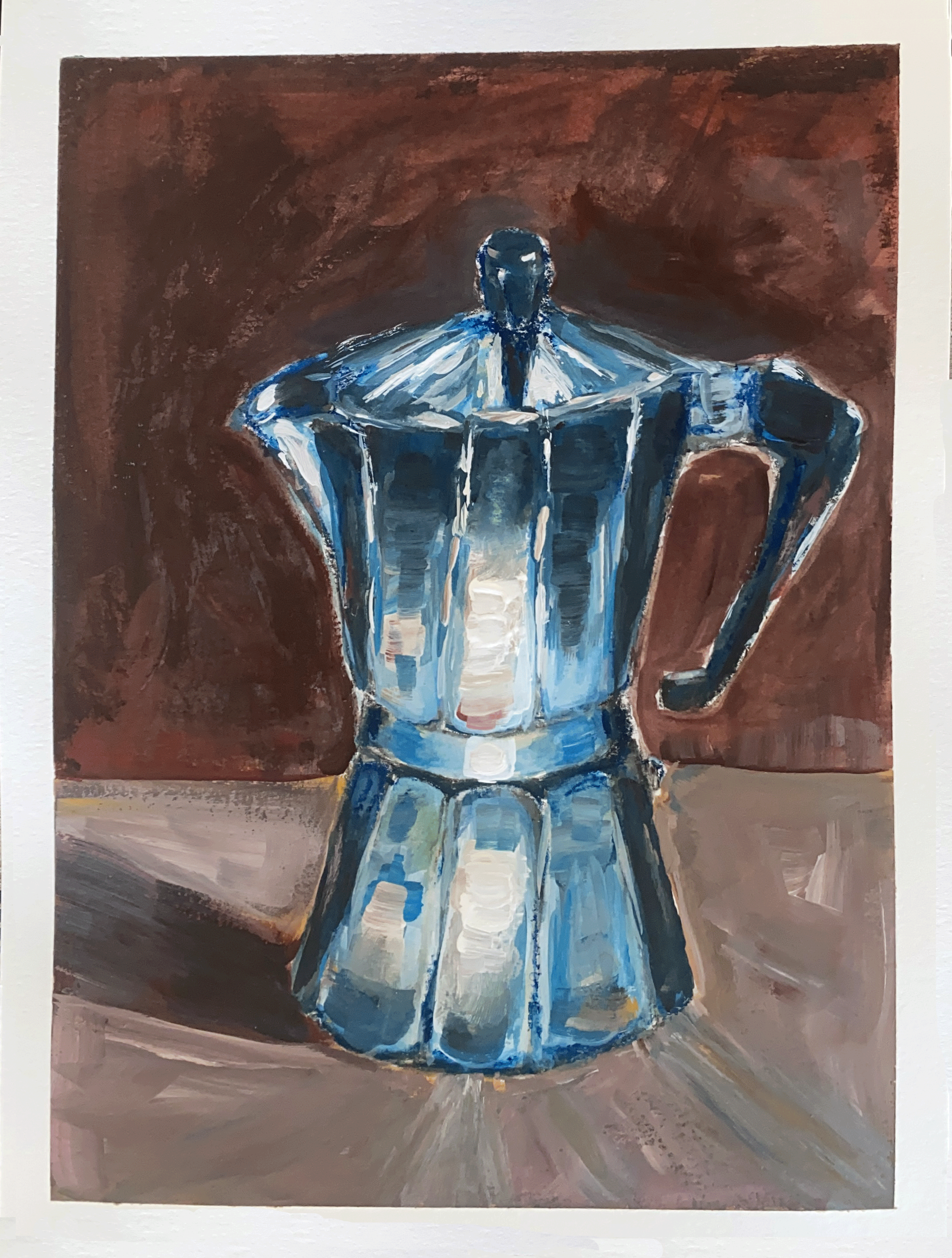 Day 72/365: "Moka Pot", wax pastels and gouache on watercolor paper, 9x12"