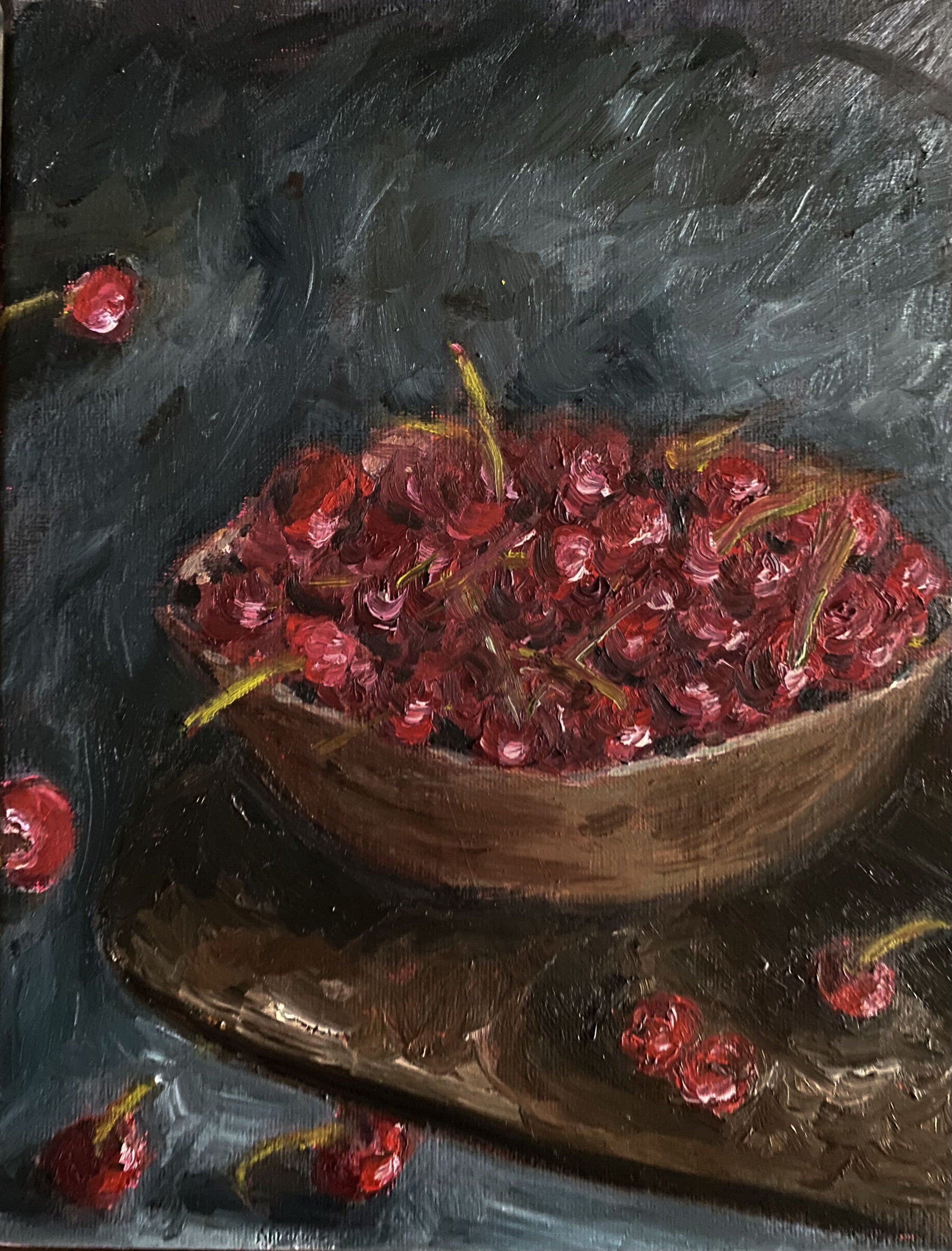 "Bowl of Cherries", original water mixable oil on stretched canvas, 10x8"