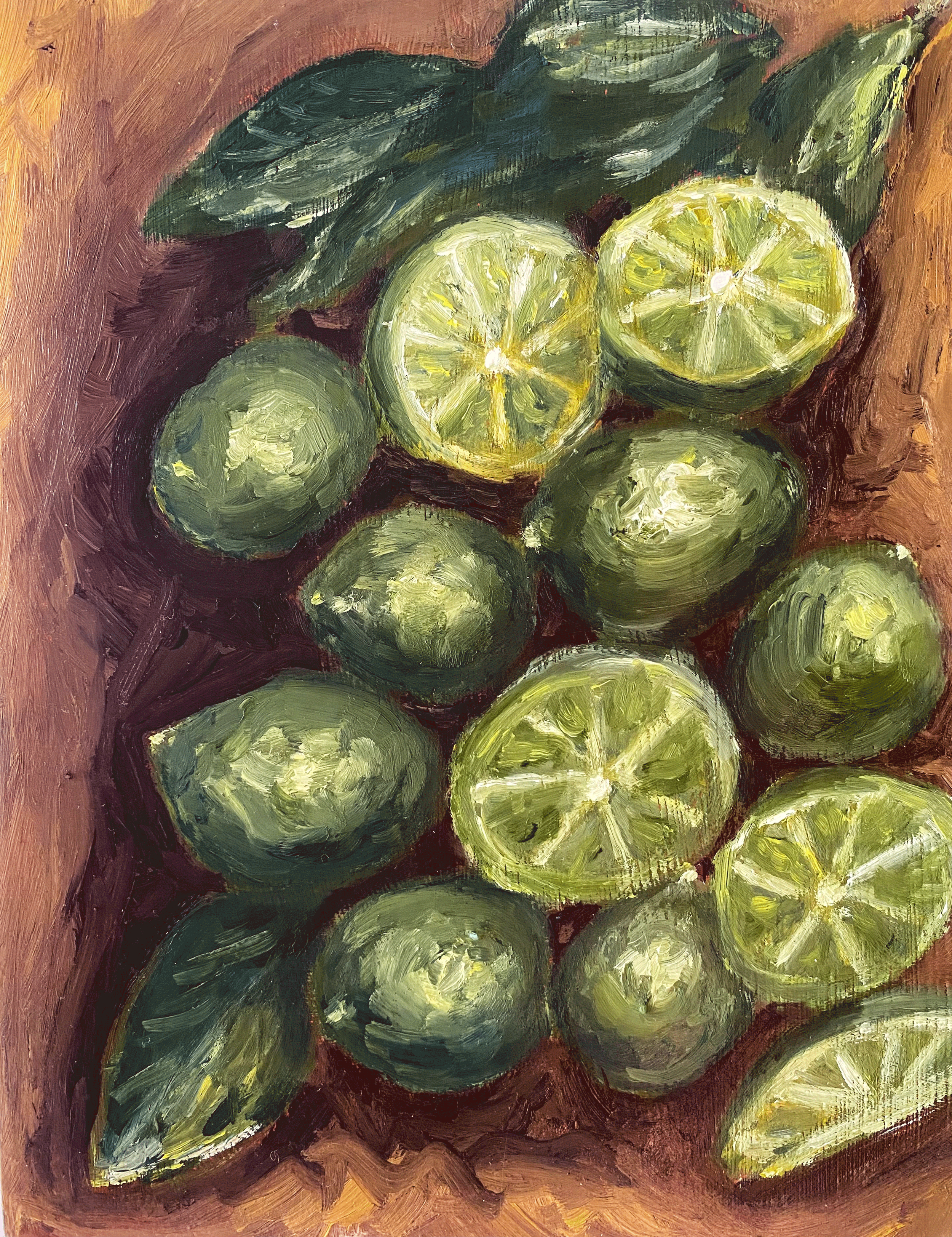 "Limes", water mixable oil on cradled wood panel, 10x8".