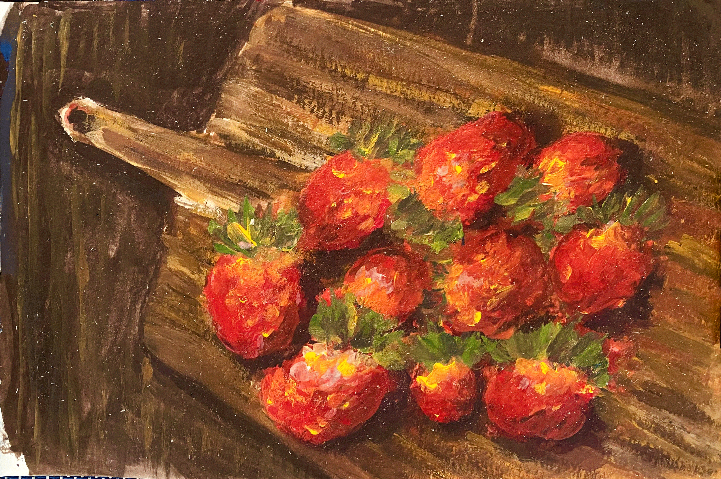 Day 37/365: "Strawberries on Cutting Board", gouache on watercolor paper, 8.5 x 5.5"