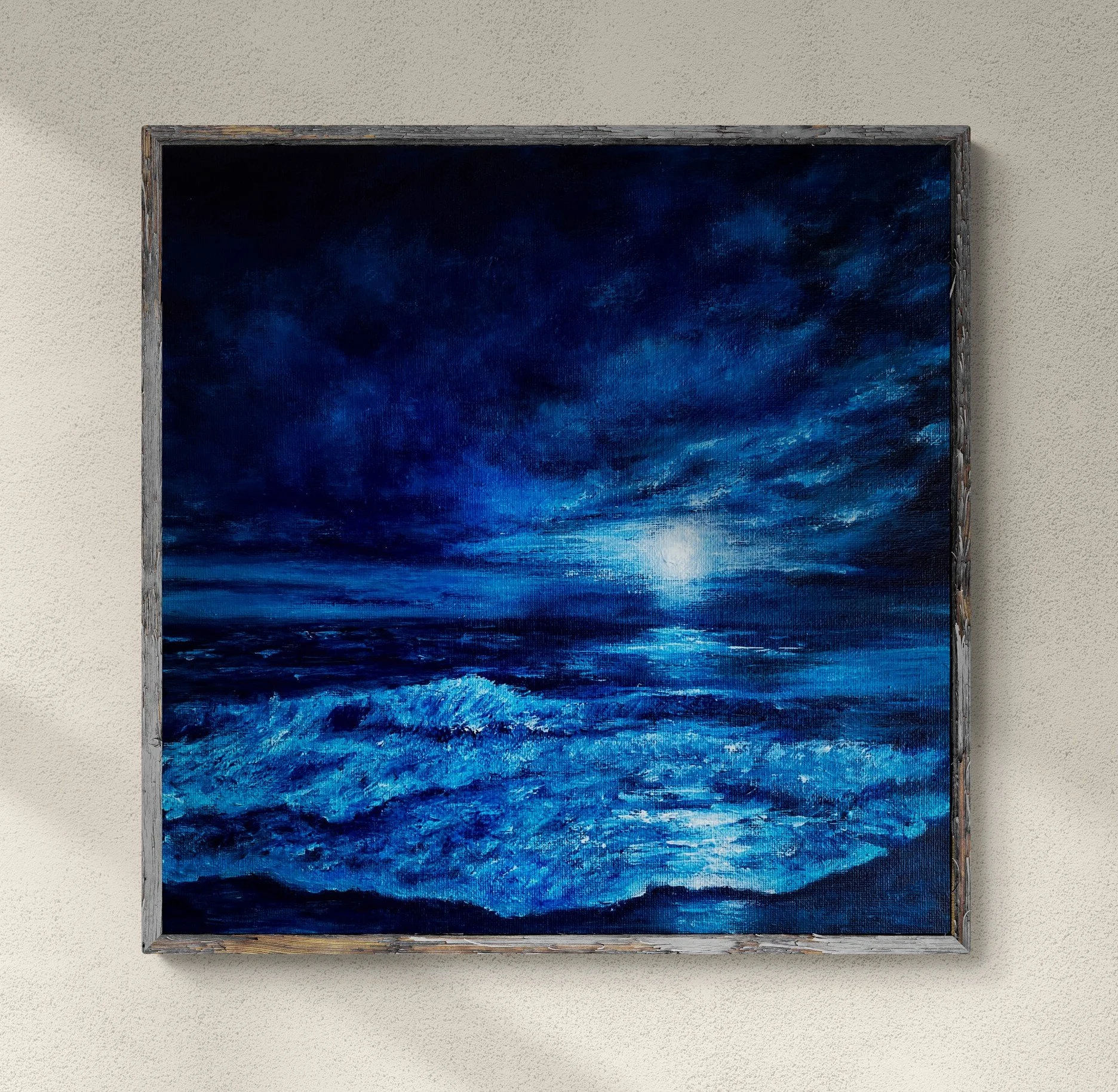 acrylic painting original seascape moonlight on ocean night scene