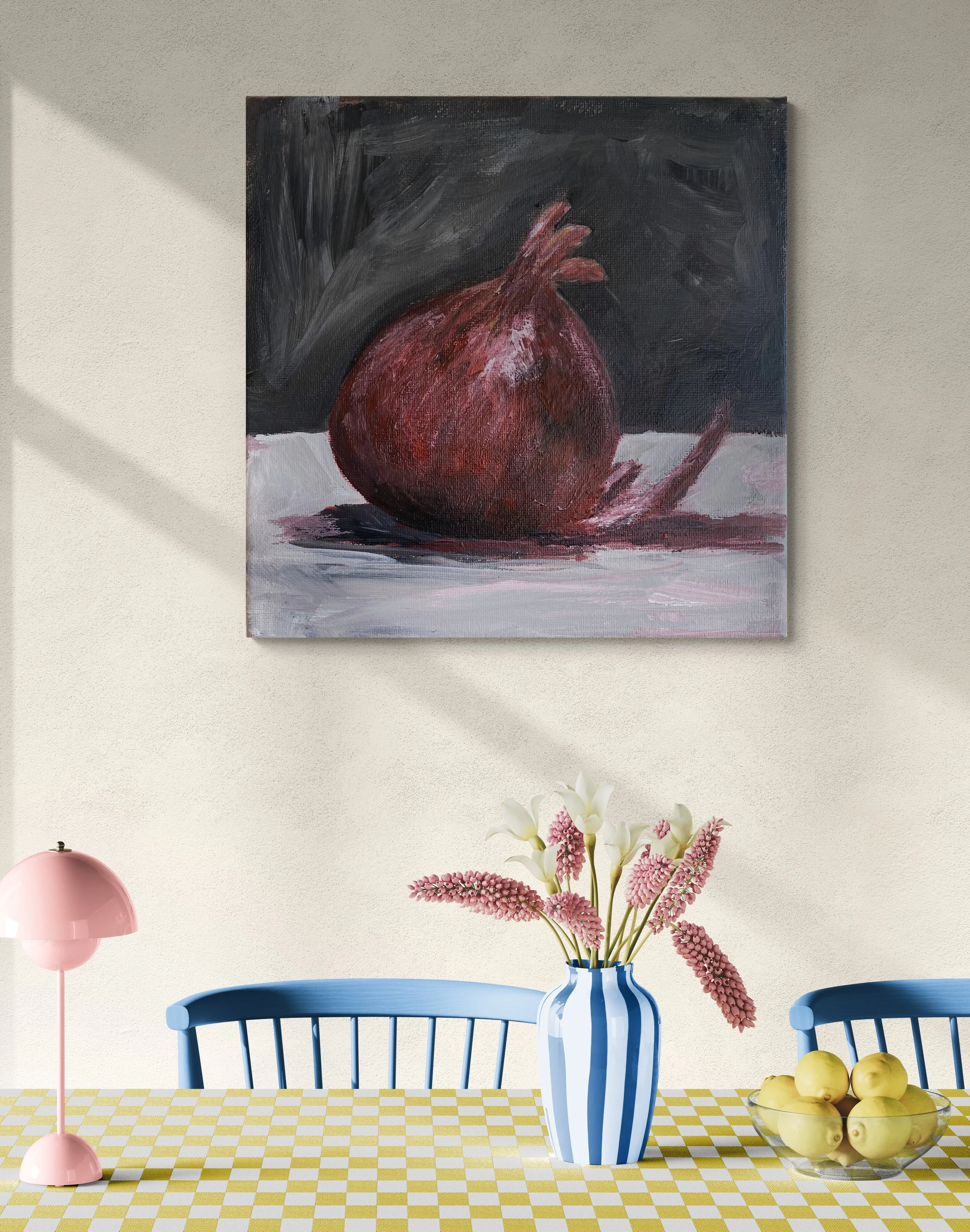 red onion on grey background hung on wall dining room
