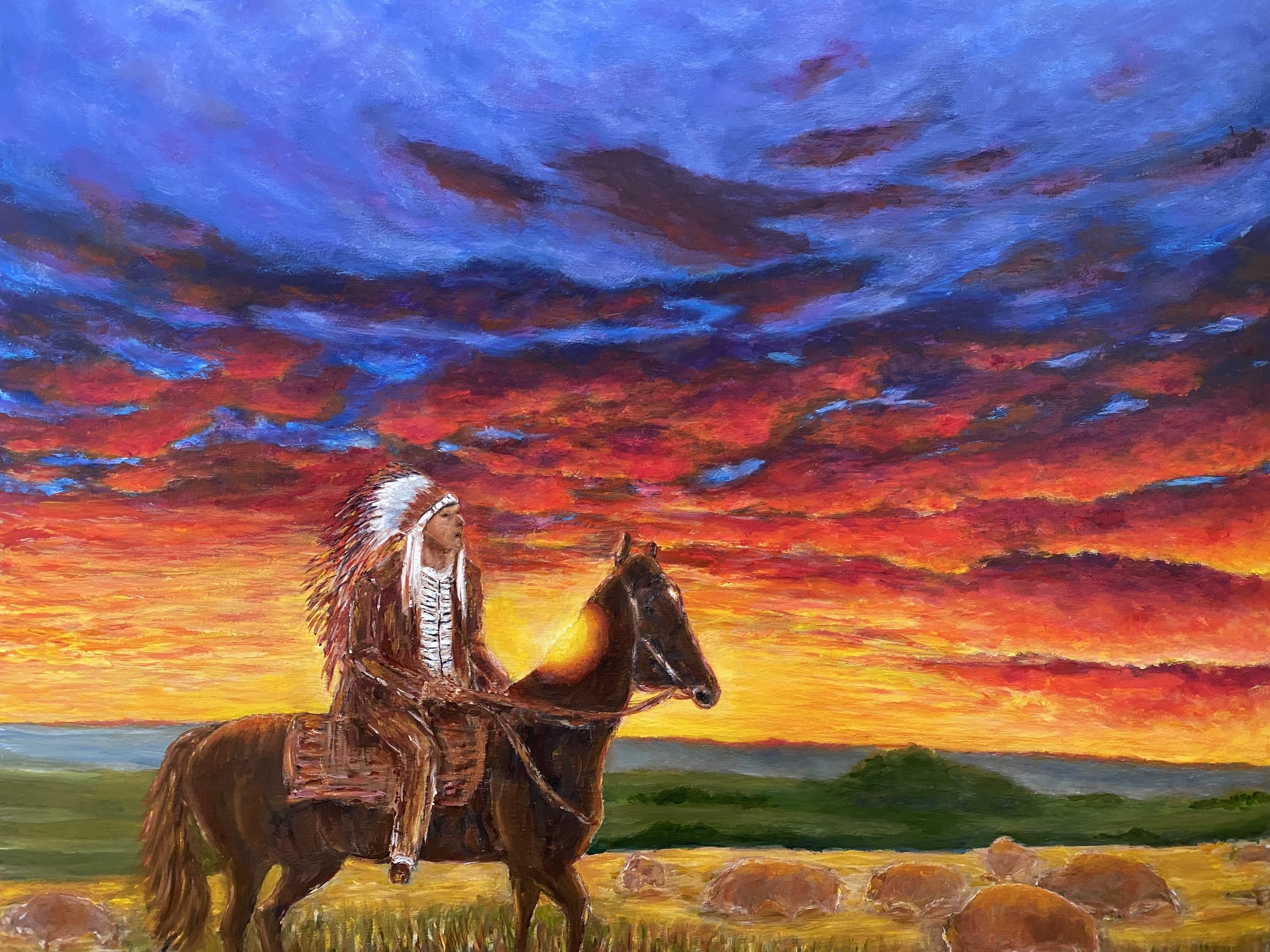 sunset background with native american horse rider