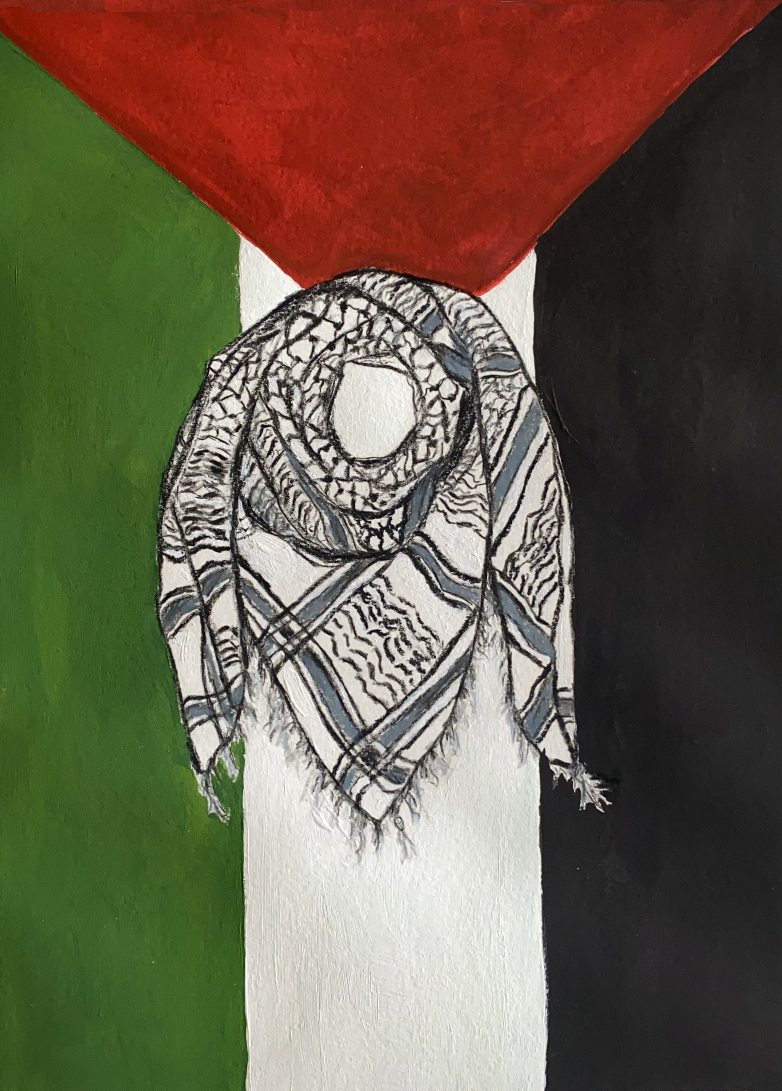 Black and white Palestinian keffiyeh wrapped on background of Palestine flag close up.png
