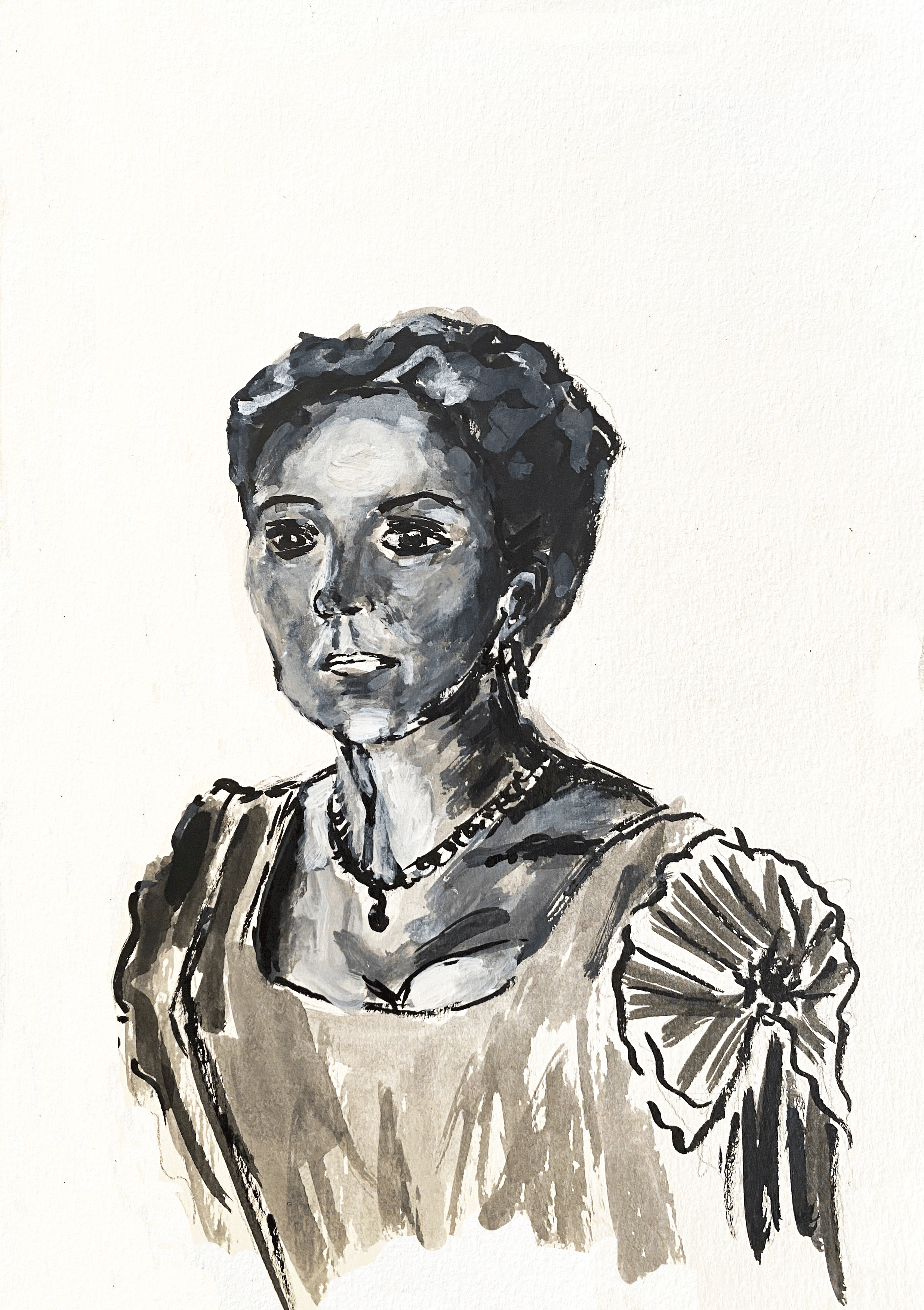 Day 43/365: "Bridgerton Portraits - Violet Bridgerton", pen and ink on paper, 8.5x5.5"