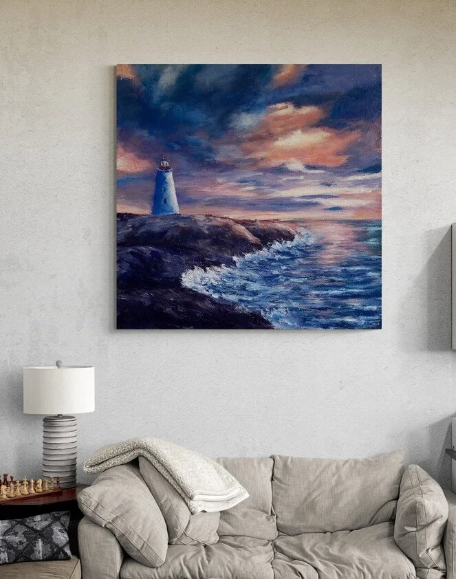 acrylic seascape original coastal wall art sunrise over peggy's cove lighthouse nova scotia, Handmade coastal artwork, Vanilla Sky Over Peggy’s Cove acrylic painting