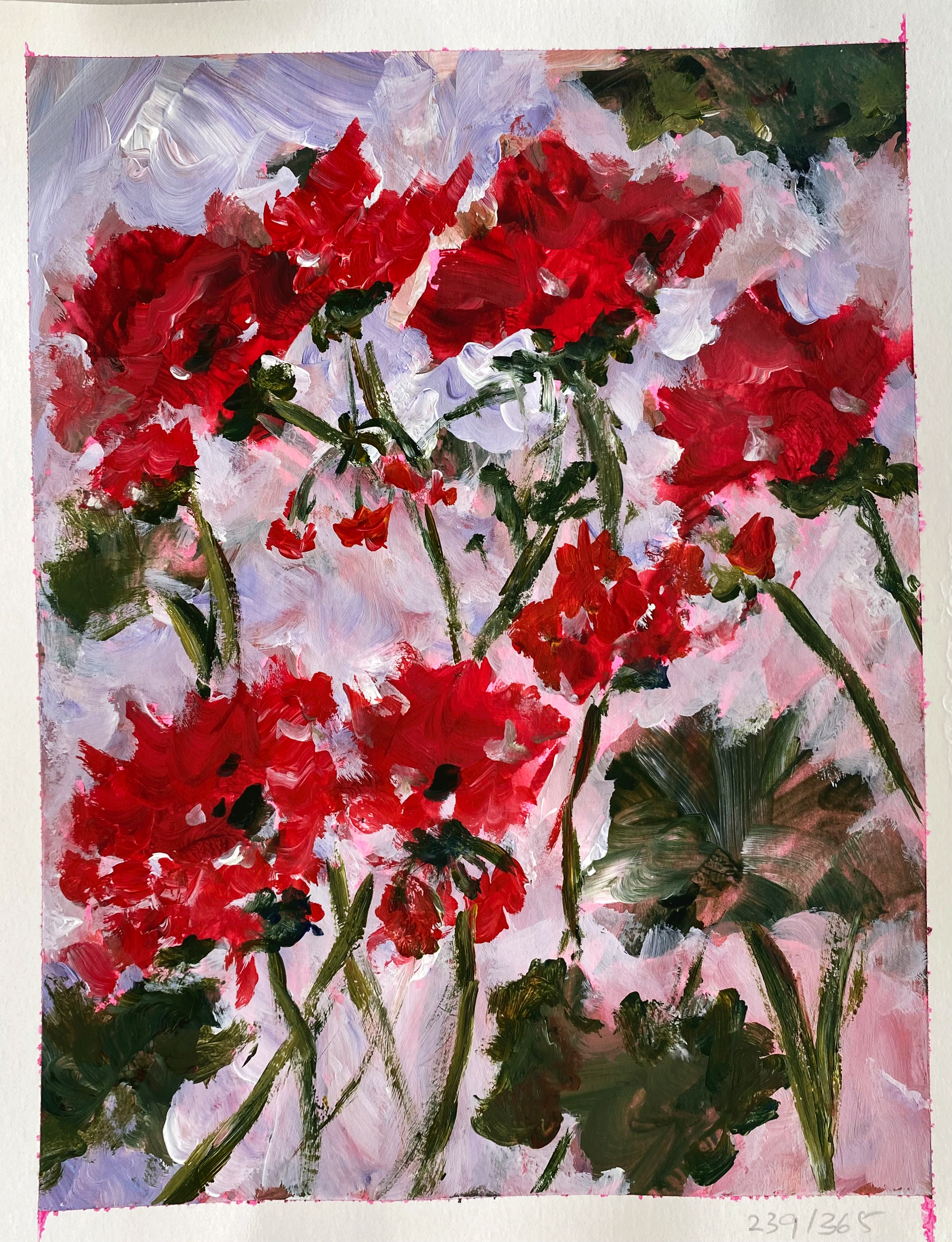 Day 239: "Geraniums", acrylic on paper, 8x10"