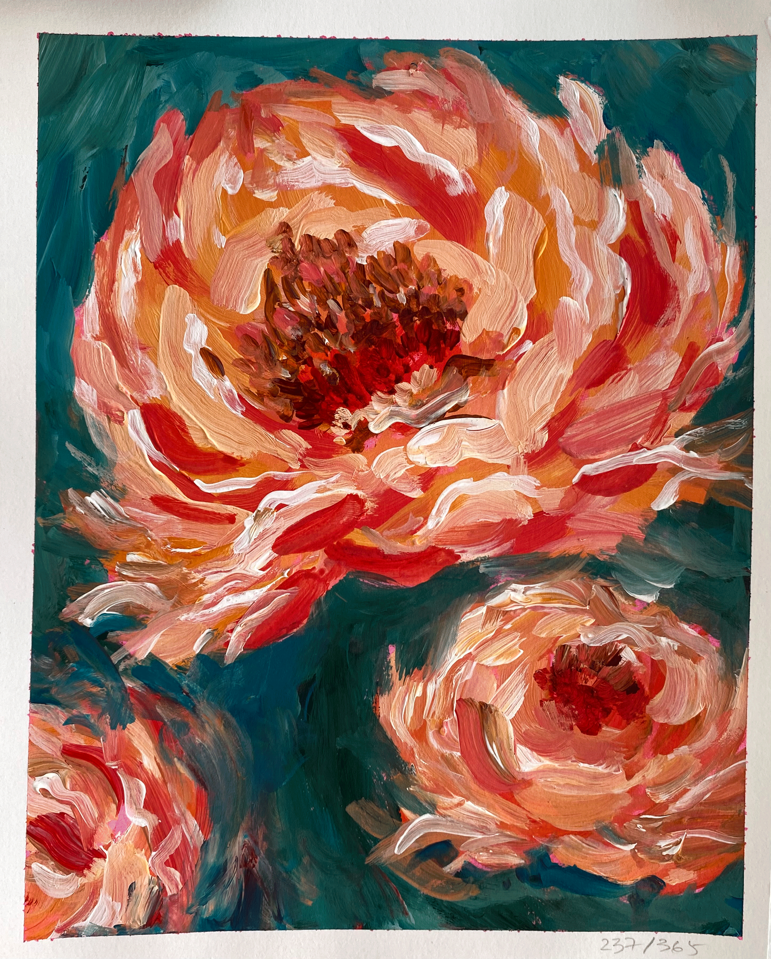 Day 237: "Peonies", acrylic on paper, 8x10"