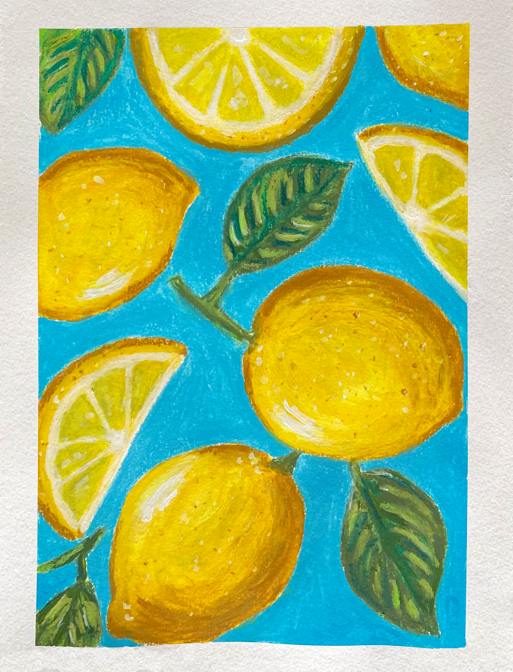 Day 64/365: "Lemons on Blue", wax pastels and gouache on watercolor paper, 9x12"