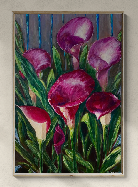 pink lilies with green leaves large painting