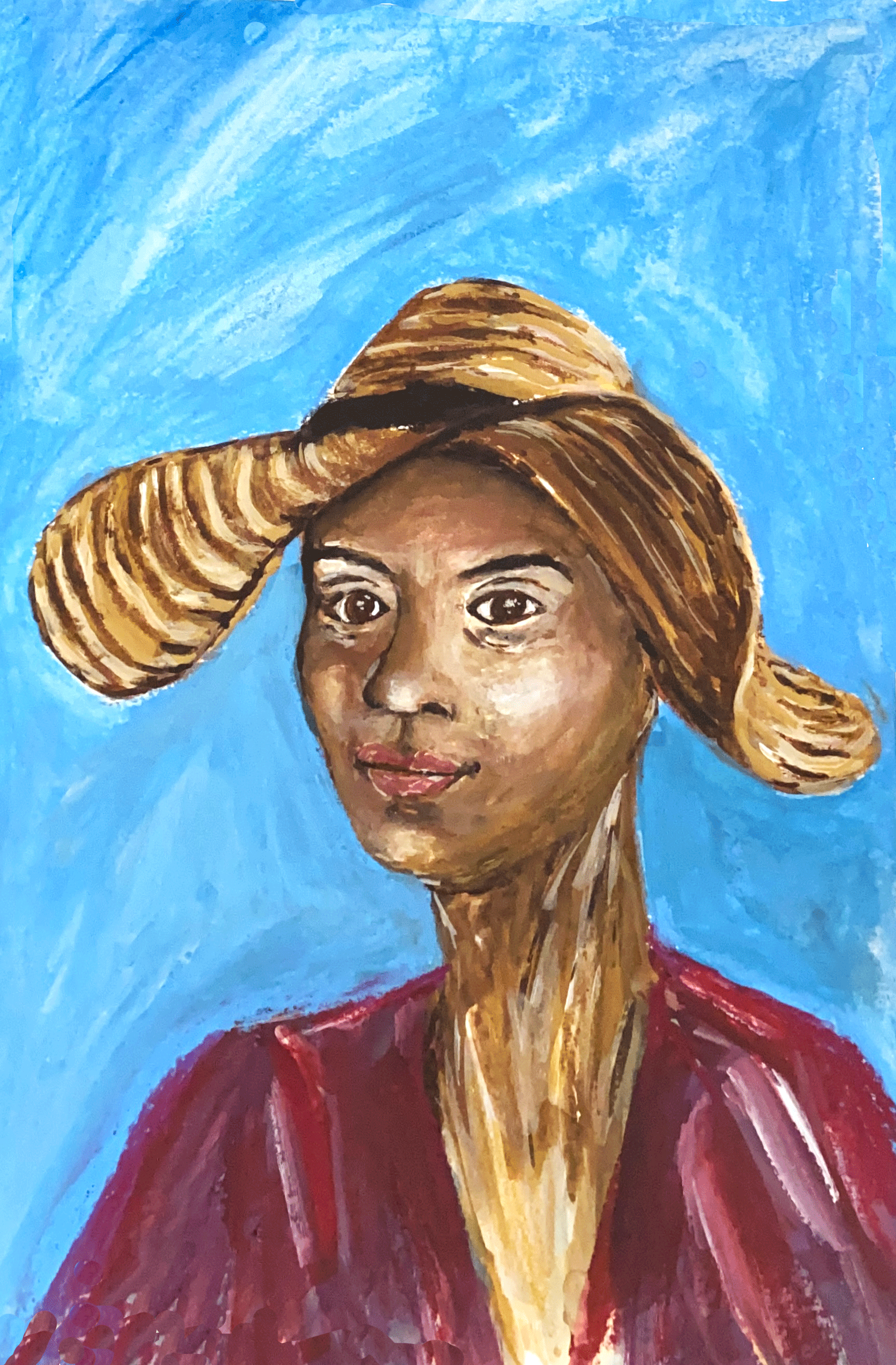 woman in big sun hat and red top on blue background close up.png