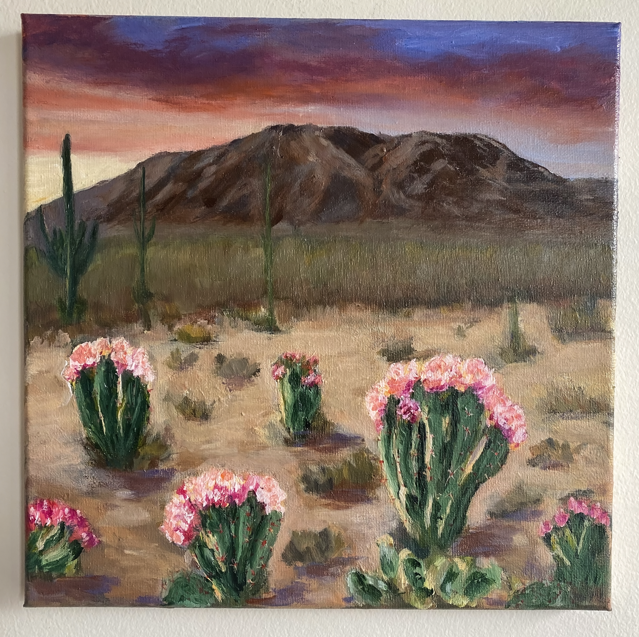 acrylic painting original western desert mountain landscape flowering cactus desert garden