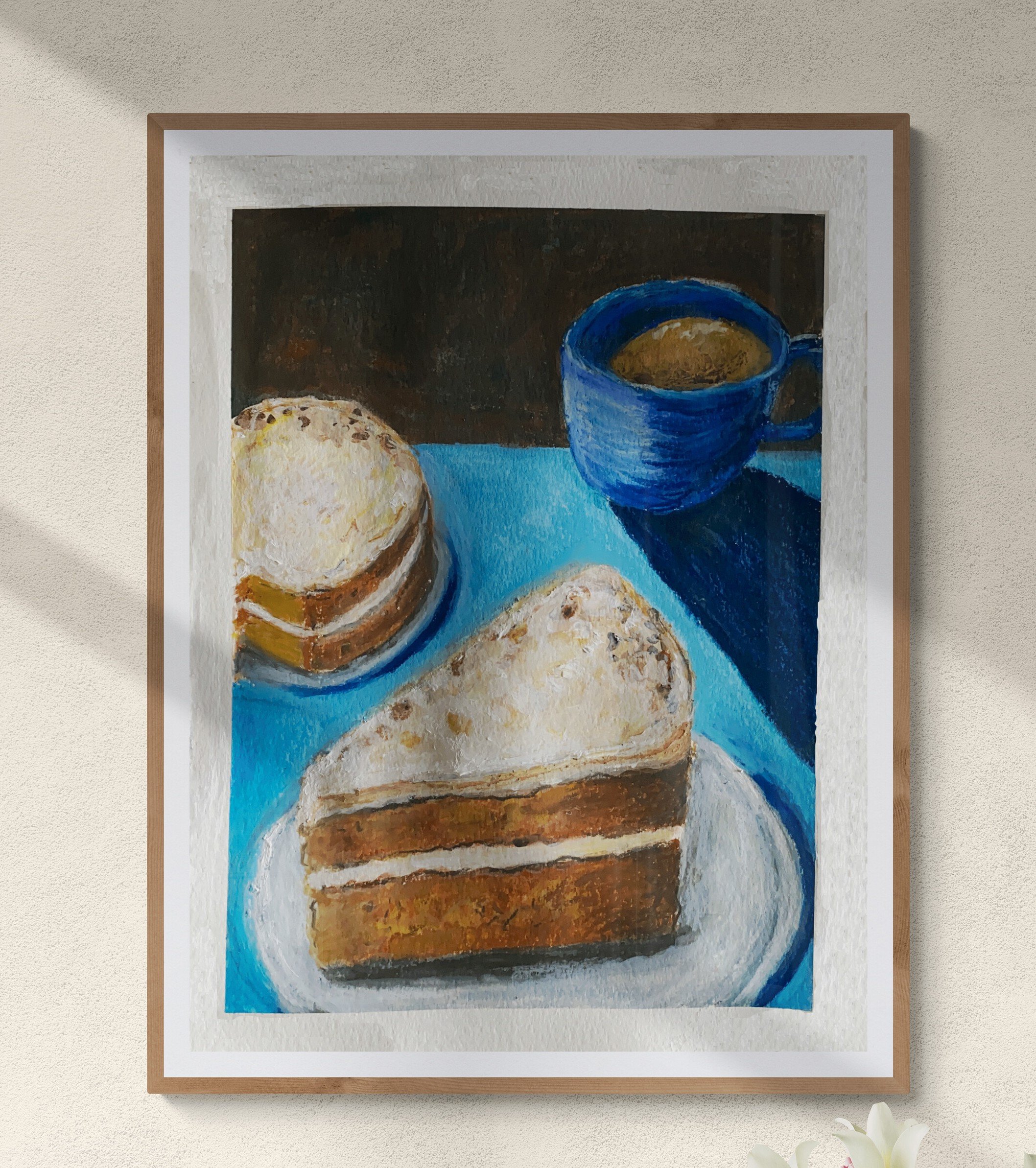 carrot cake with coffee on blue table and brown background framed art print