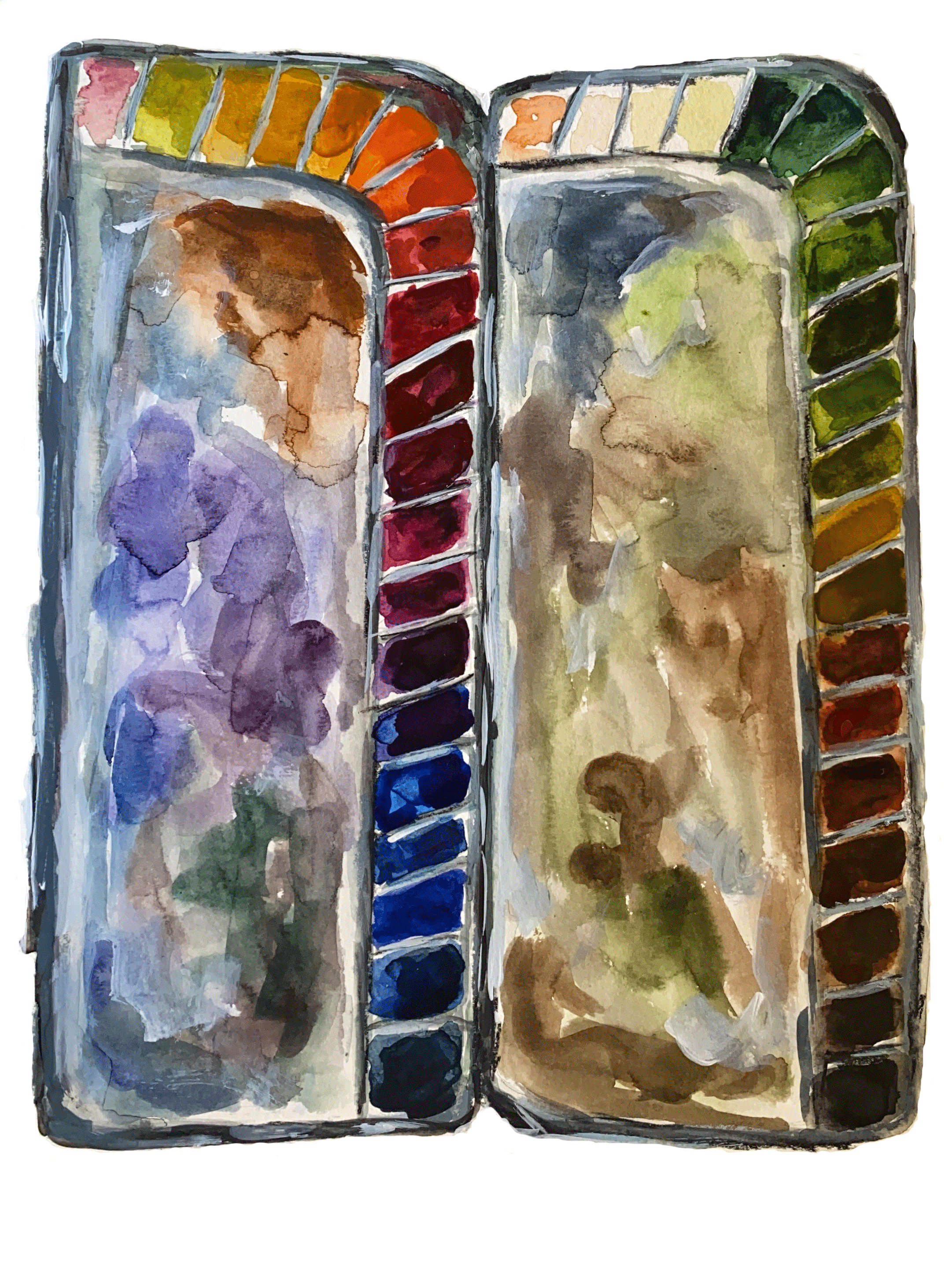 Day 85/365: “Watercolor palette”, watercolor on paper, 9x12”