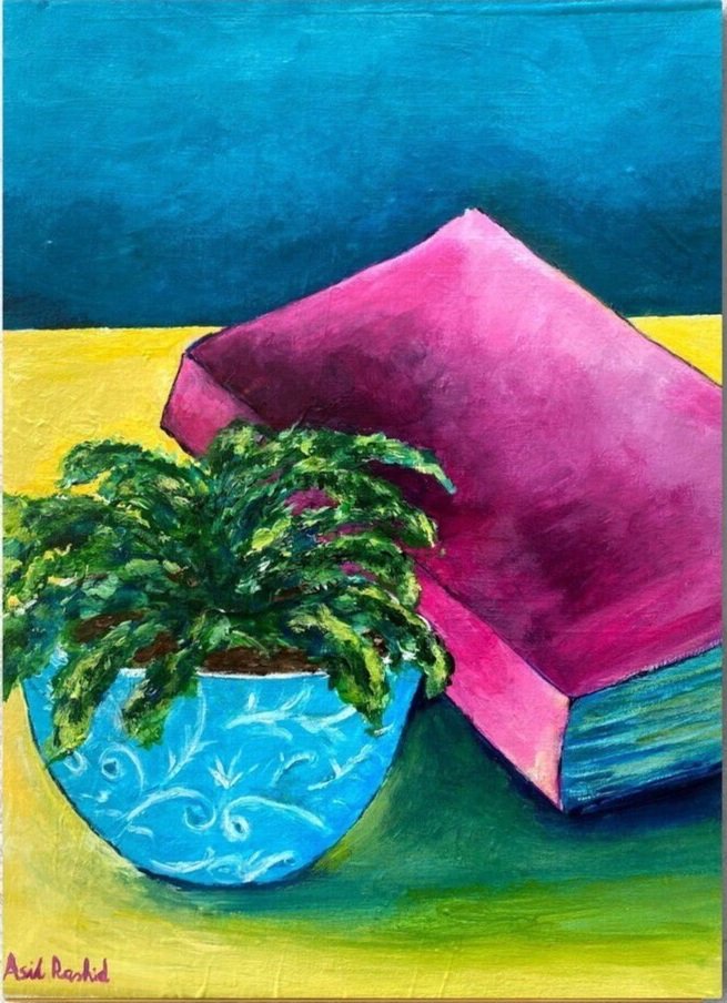 Still life with cactus acrylic painting on 16x12 canvas